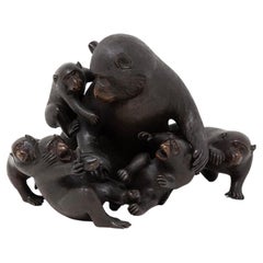 Japanese Meiji Period Bronze Monkey Group Sculpture Okimono Shosai