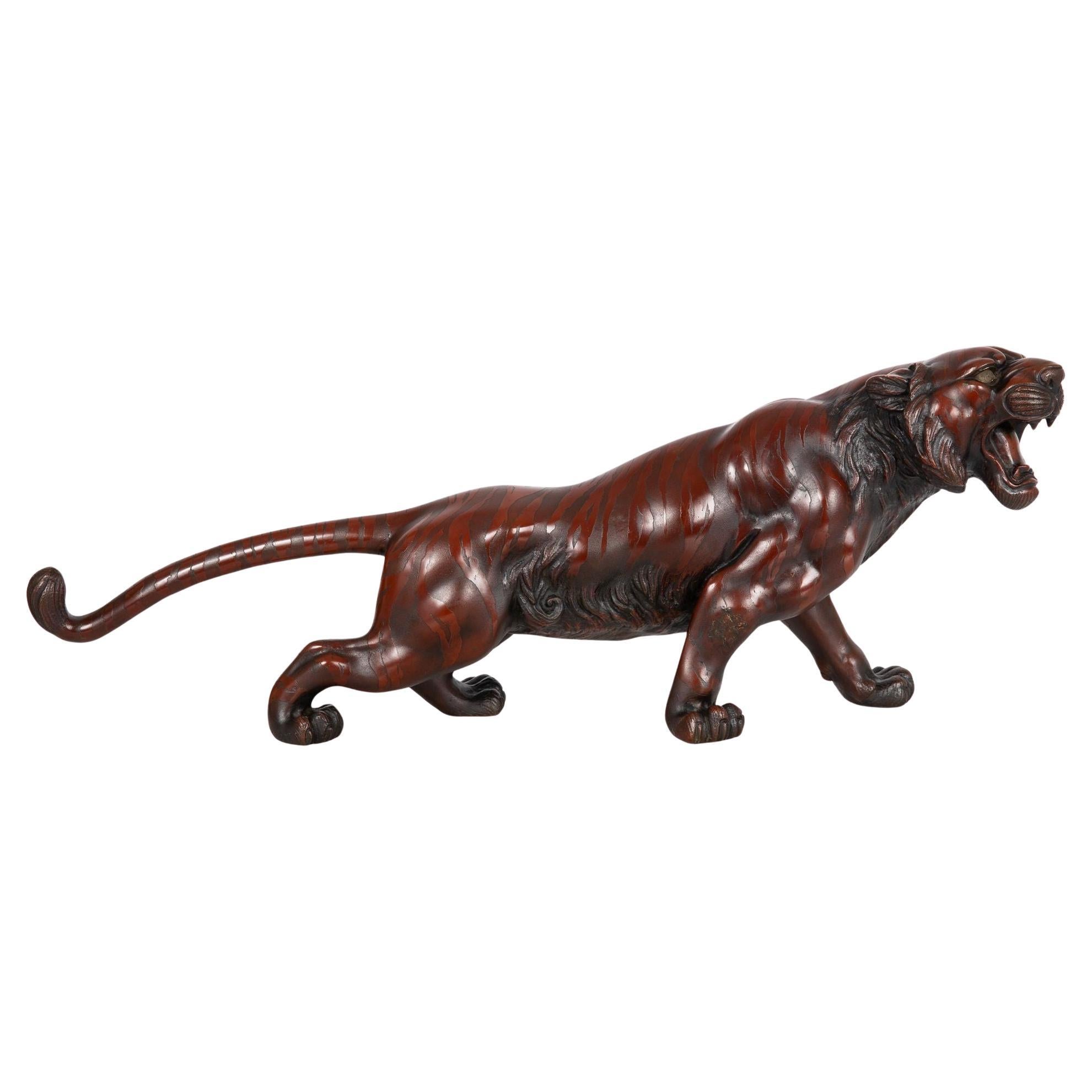 Japanese Meiji Period Bronze Okimono Sculpture of a Roaring Tiger, 27” wide For Sale