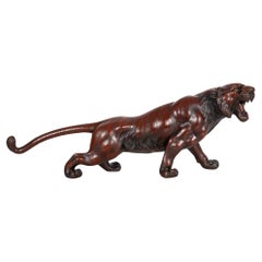 Used Japanese Meiji Period Bronze Okimono Sculpture of a Roaring Tiger, 27” wide