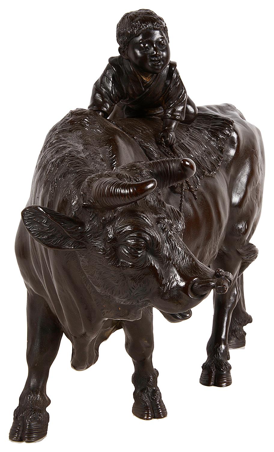 Japonisme Japanese Meiji Period Bronze Ox with Boy on Its Back For Sale