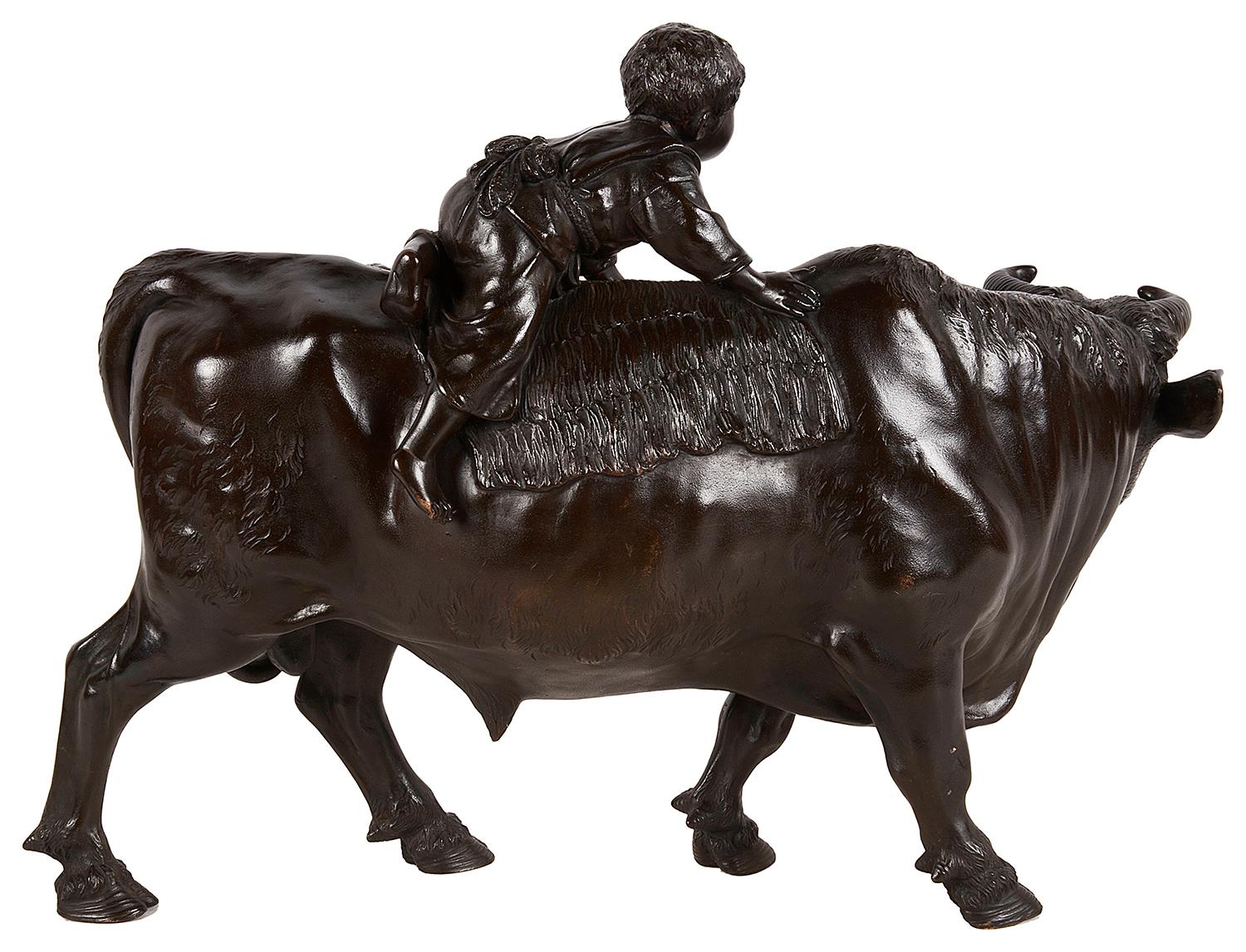 Japonisme Japanese Meiji Period Bronze Ox with Boy on Its Back For Sale