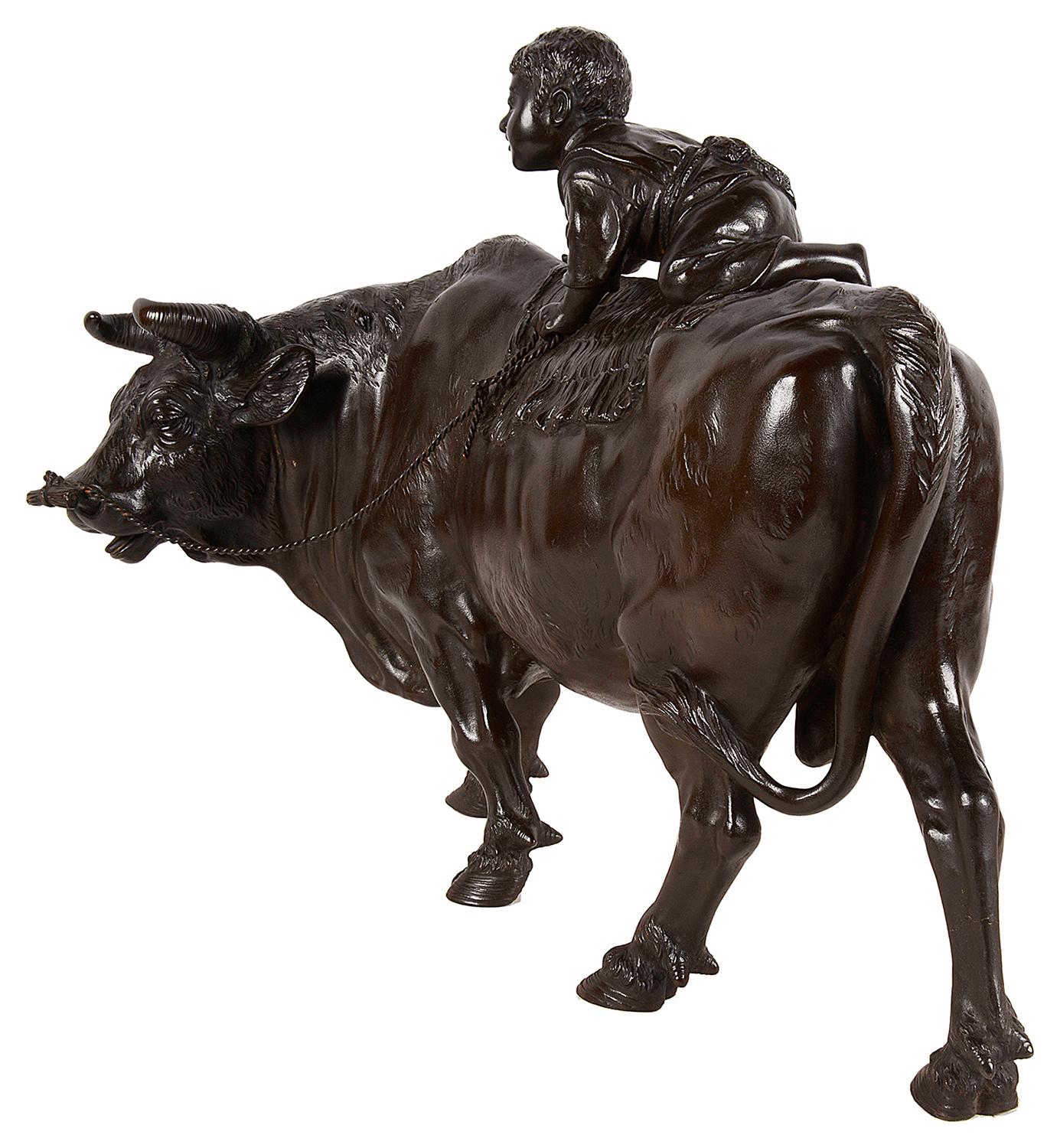 19th Century Japanese Meiji Period Bronze Ox with Boy on Its Back For Sale