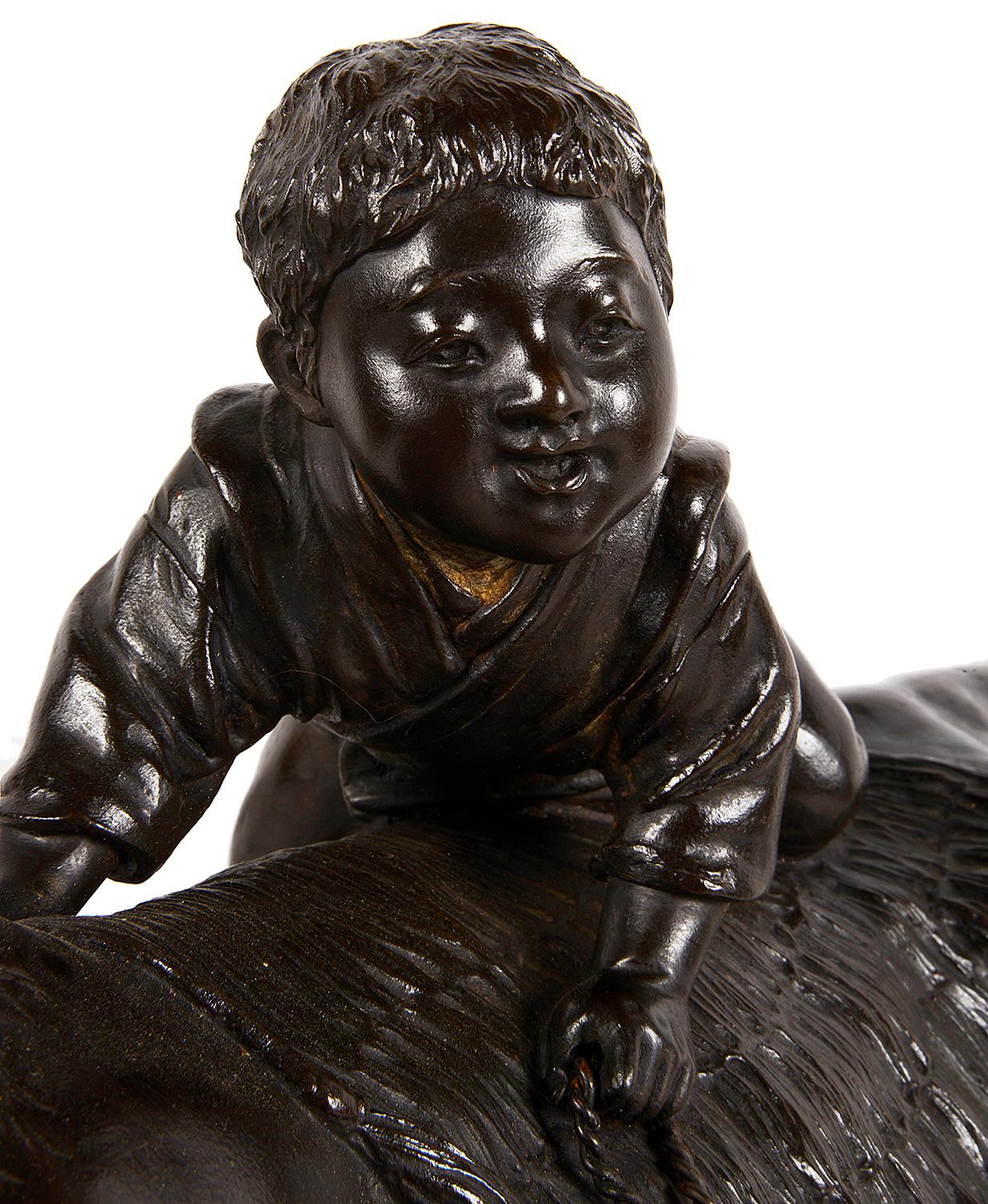 Japanese Meiji Period Bronze Ox with Boy on Its Back For Sale 1