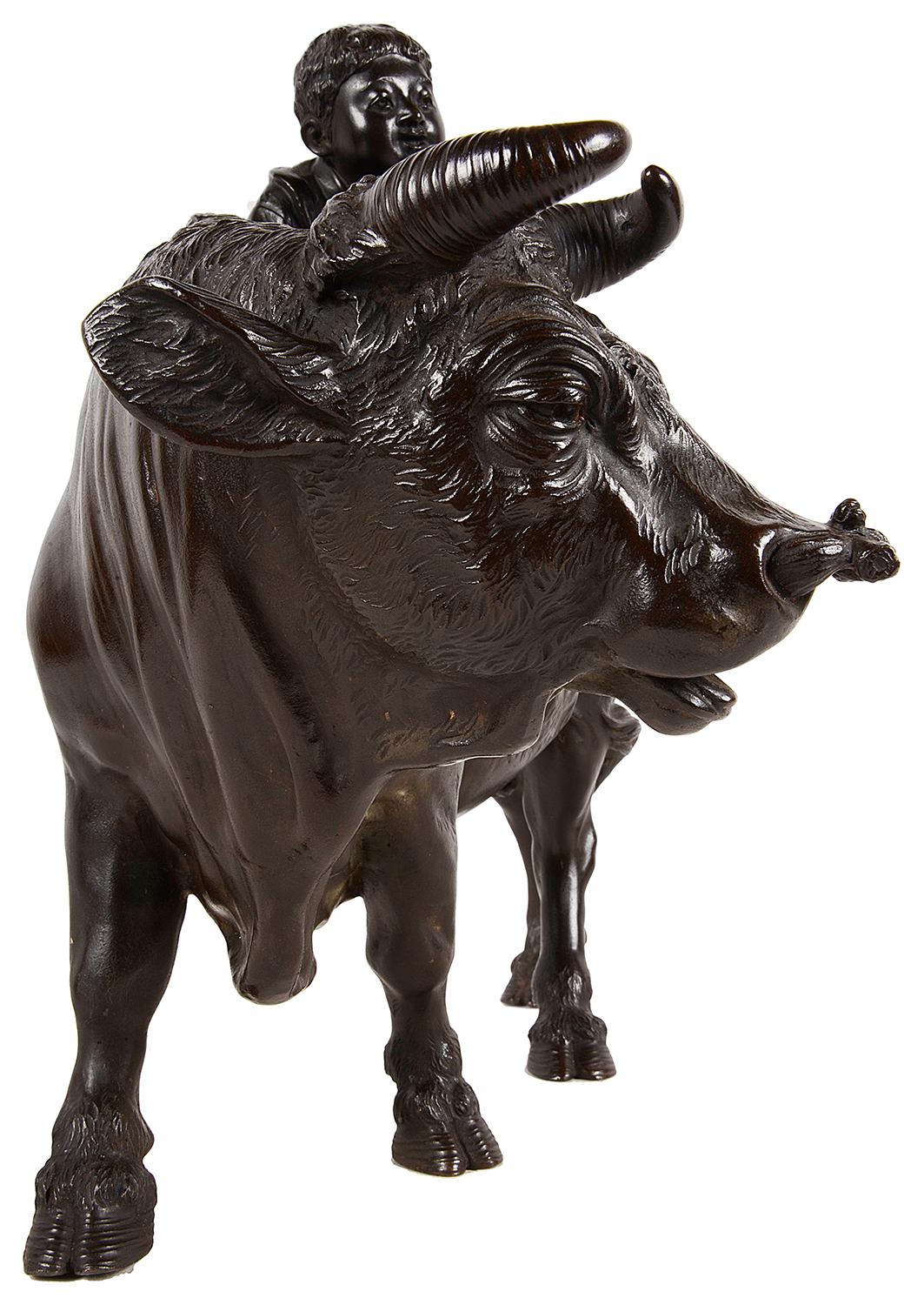 Japanese Meiji Period Bronze Ox with Boy on Its Back For Sale 2