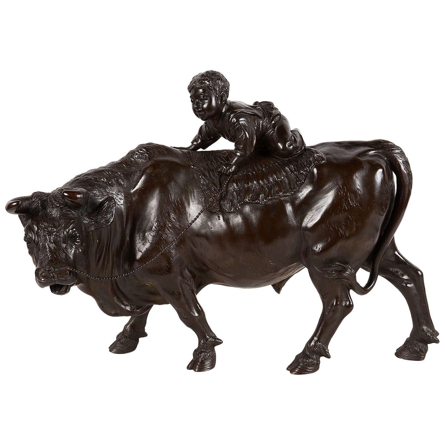 Japanese Meiji Period Bronze Ox with Boy on Its Back For Sale