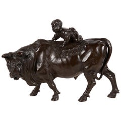 Antique Japanese Meiji Period Bronze Ox with Boy on Its Back