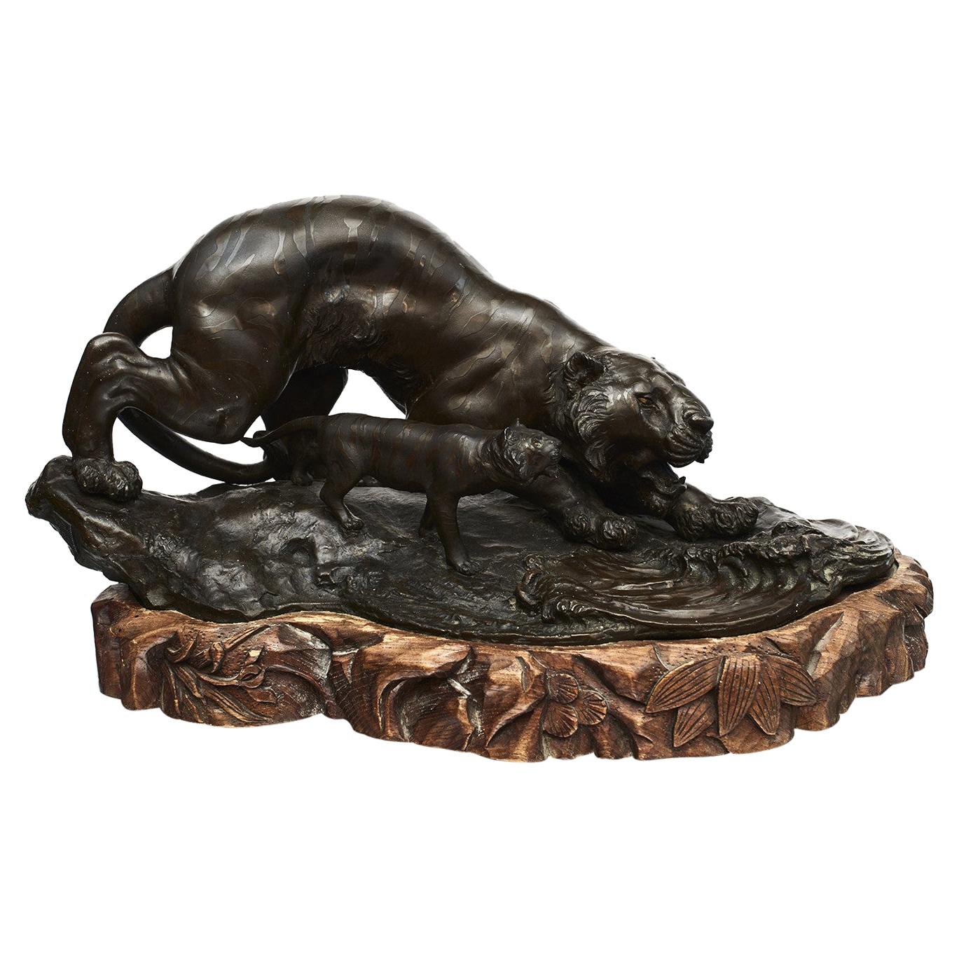 Japanese Meiji Period Bronze Tiger with Cub