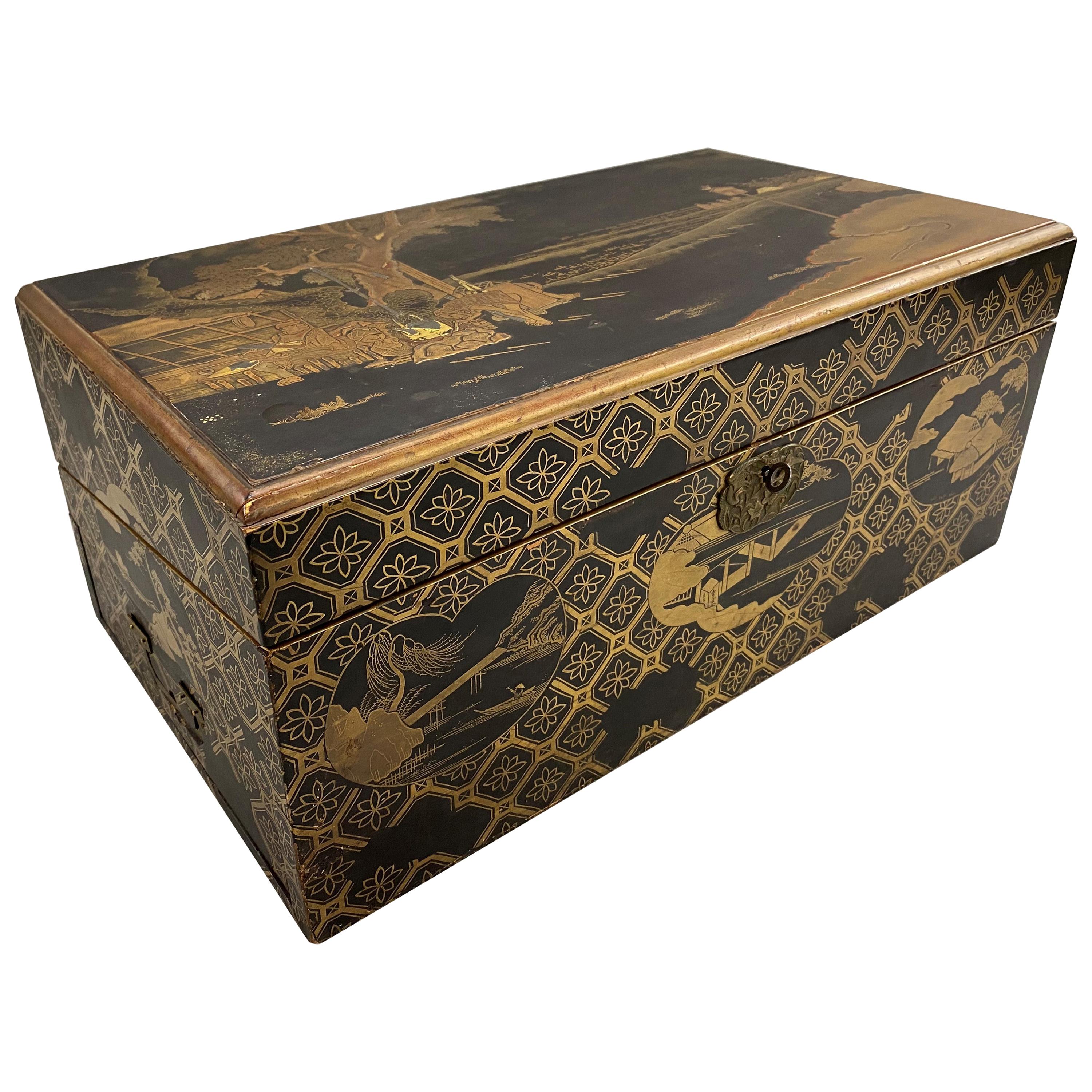Japanese Meiji Period Carved and Gilt Lacquer Writing Box or Lap Desk