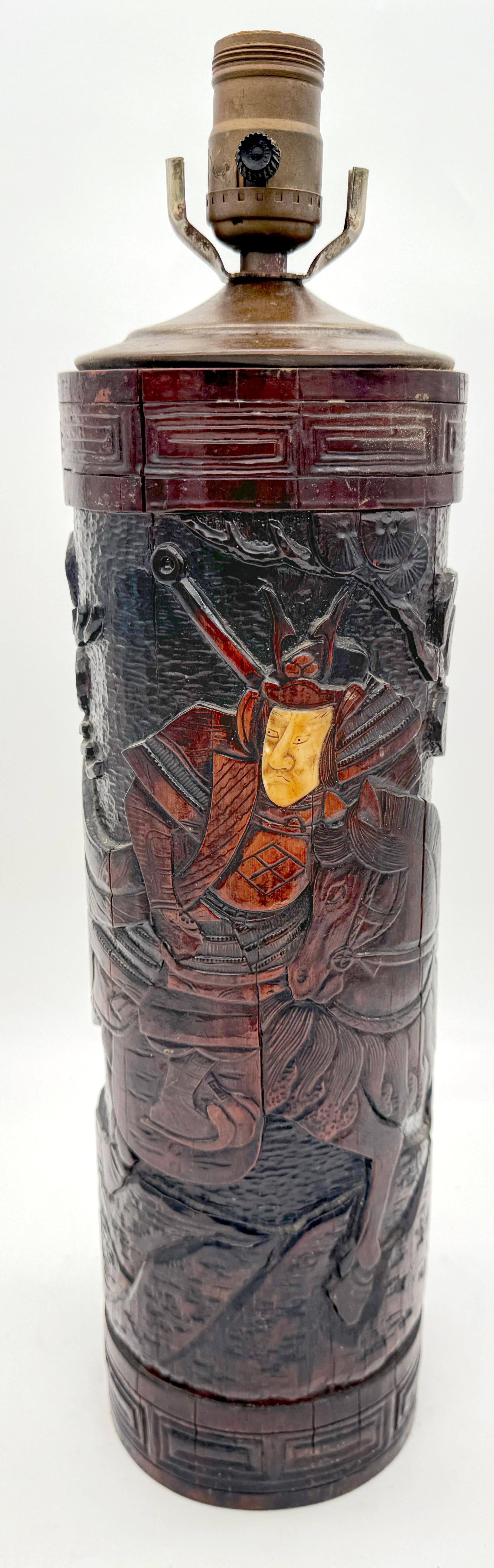 Metallo Lampada di bambù giapponese del periodo Meiji, intagliata e intarsiata in osso in vendita