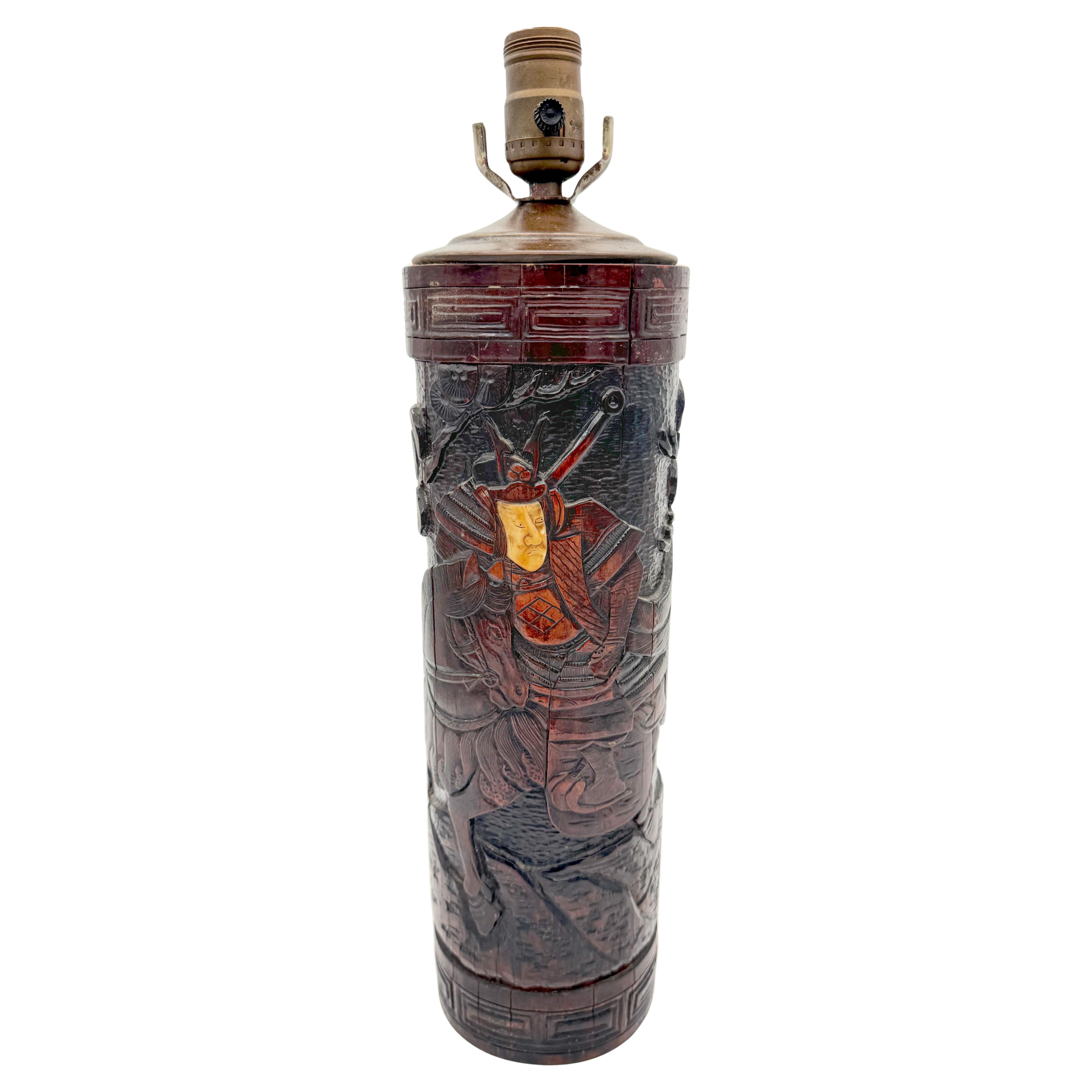Japanese Meiji Period Carved & Bone Inlaid Bamboo Lamp