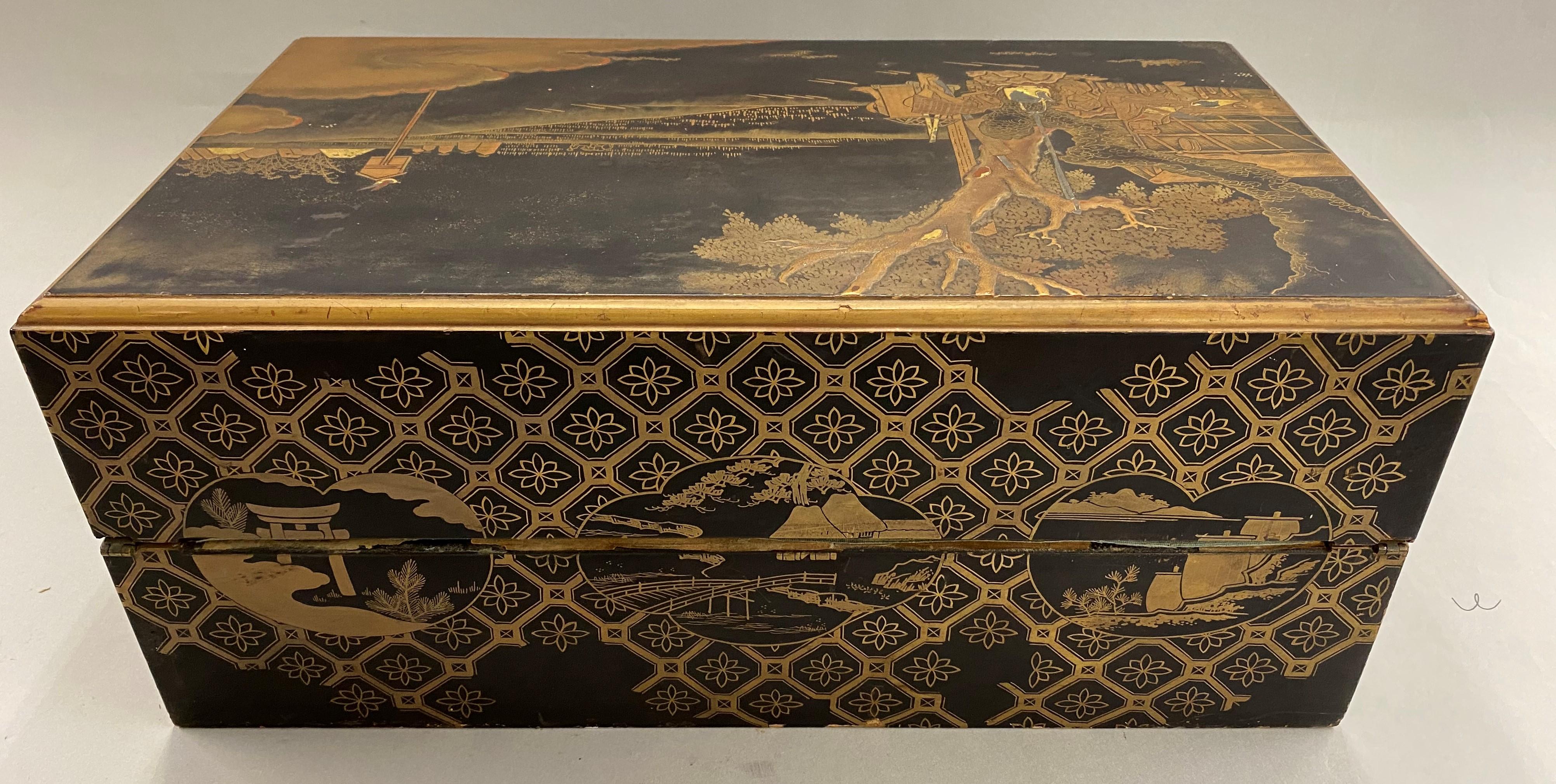 Ebonized Japanese Meiji Period Carved and Gilt Lacquer Writing Box or Lap Desk