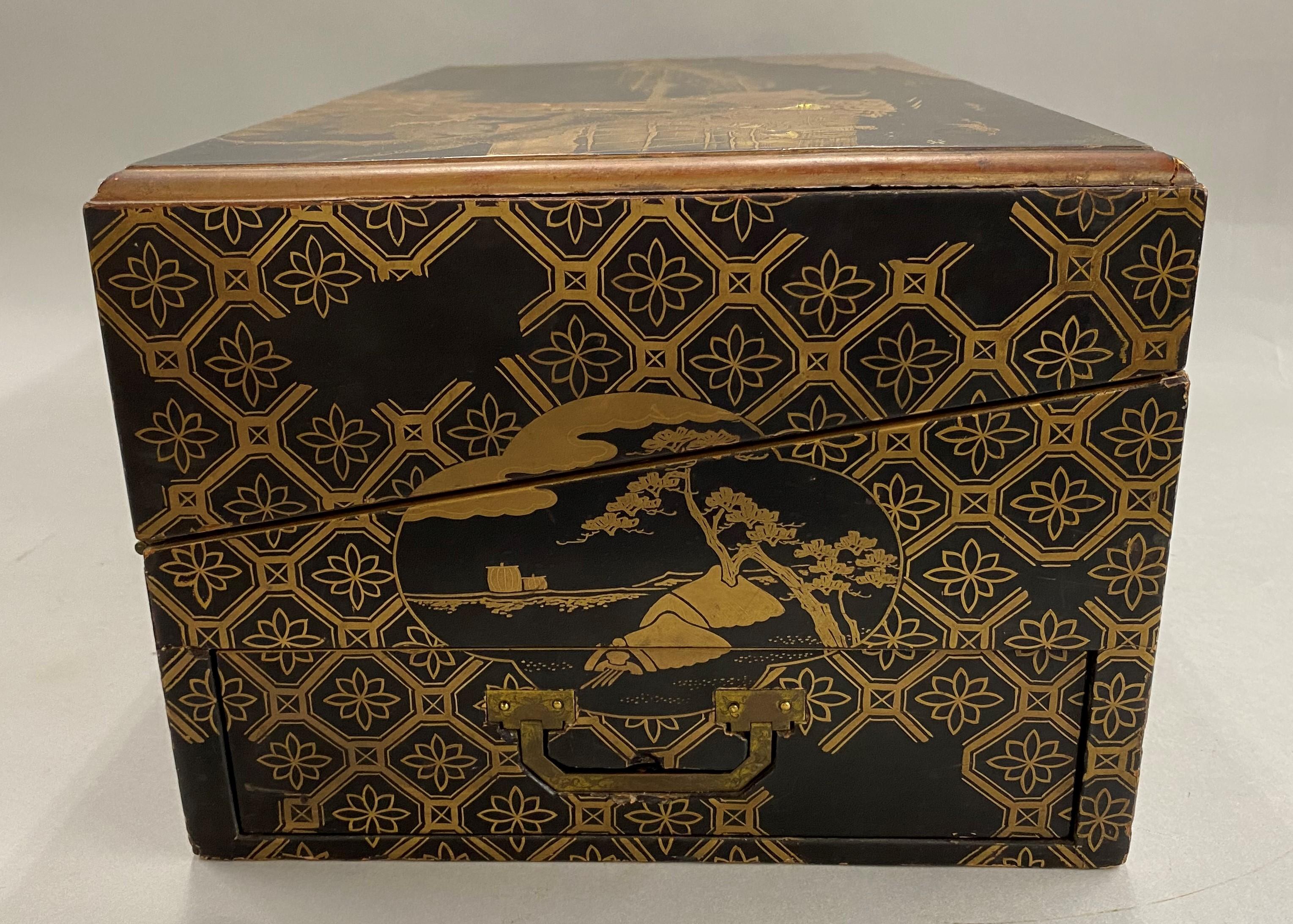 Japanese Meiji Period Carved and Gilt Lacquer Writing Box or Lap Desk In Good Condition In Milford, NH