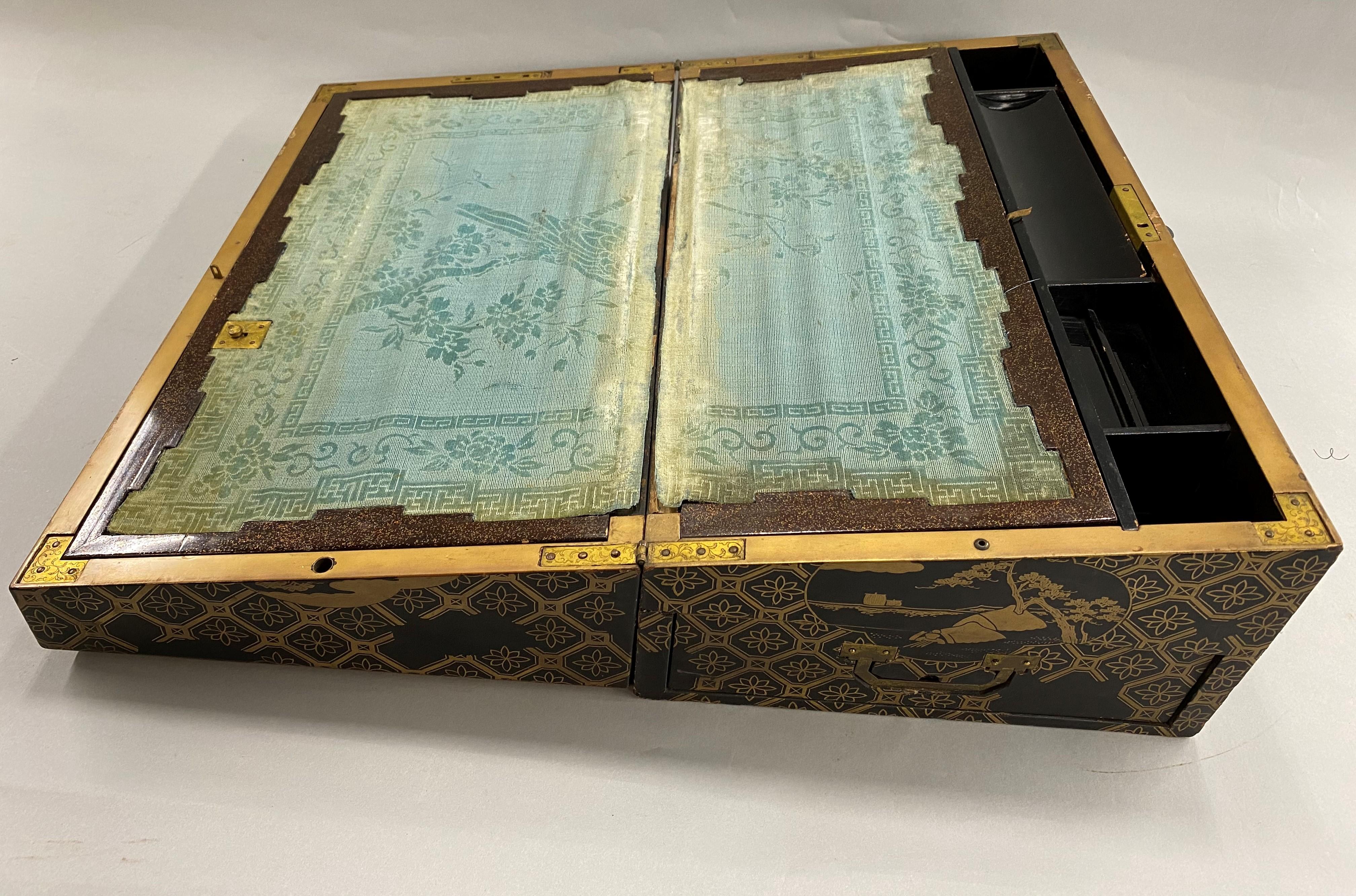 Silk Japanese Meiji Period Carved and Gilt Lacquer Writing Box or Lap Desk