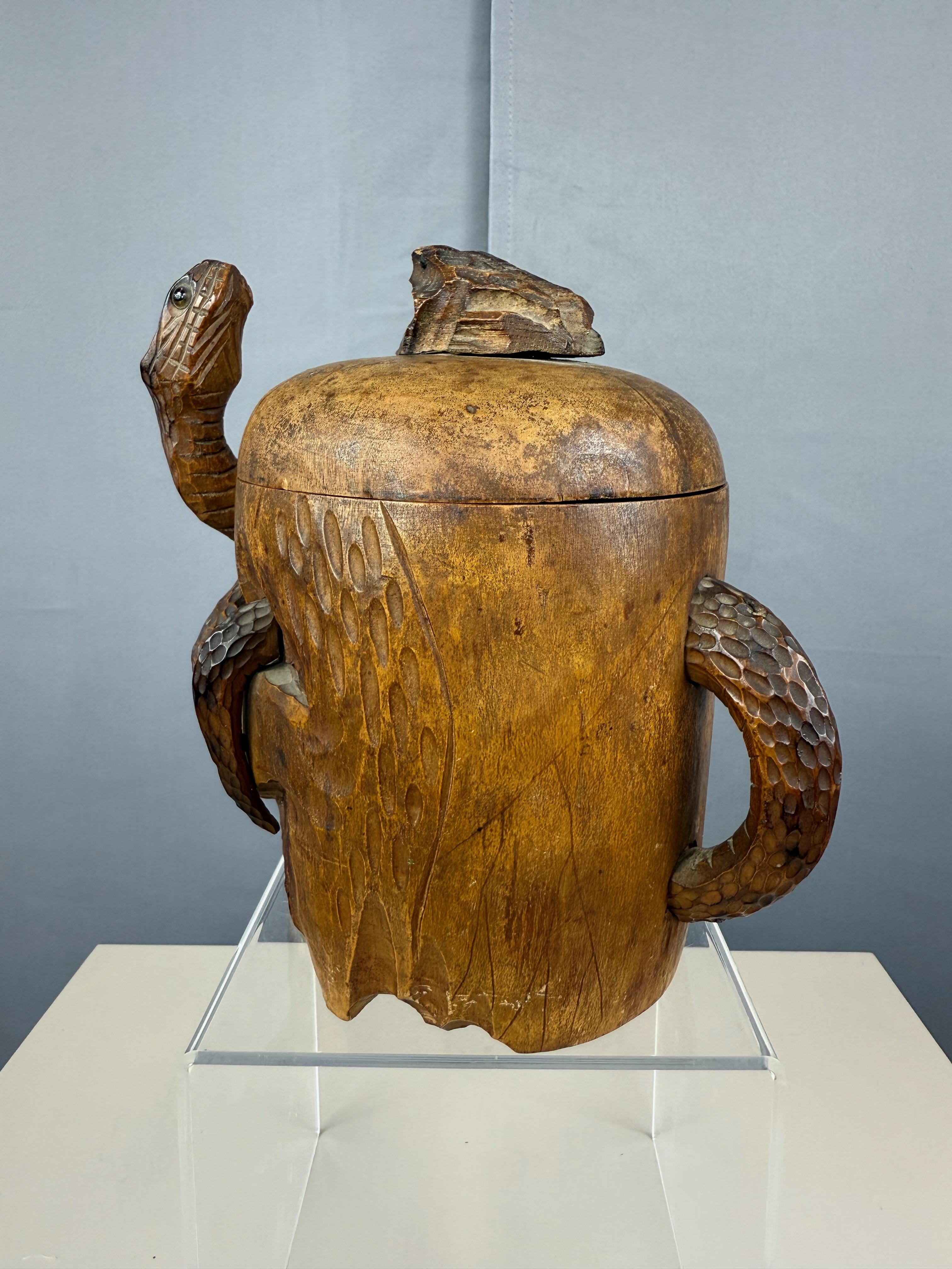 19th Century Japanese Meiji Period Carved Wood Skull and Snake Tobacco Humidor, Late 19th C. For Sale
