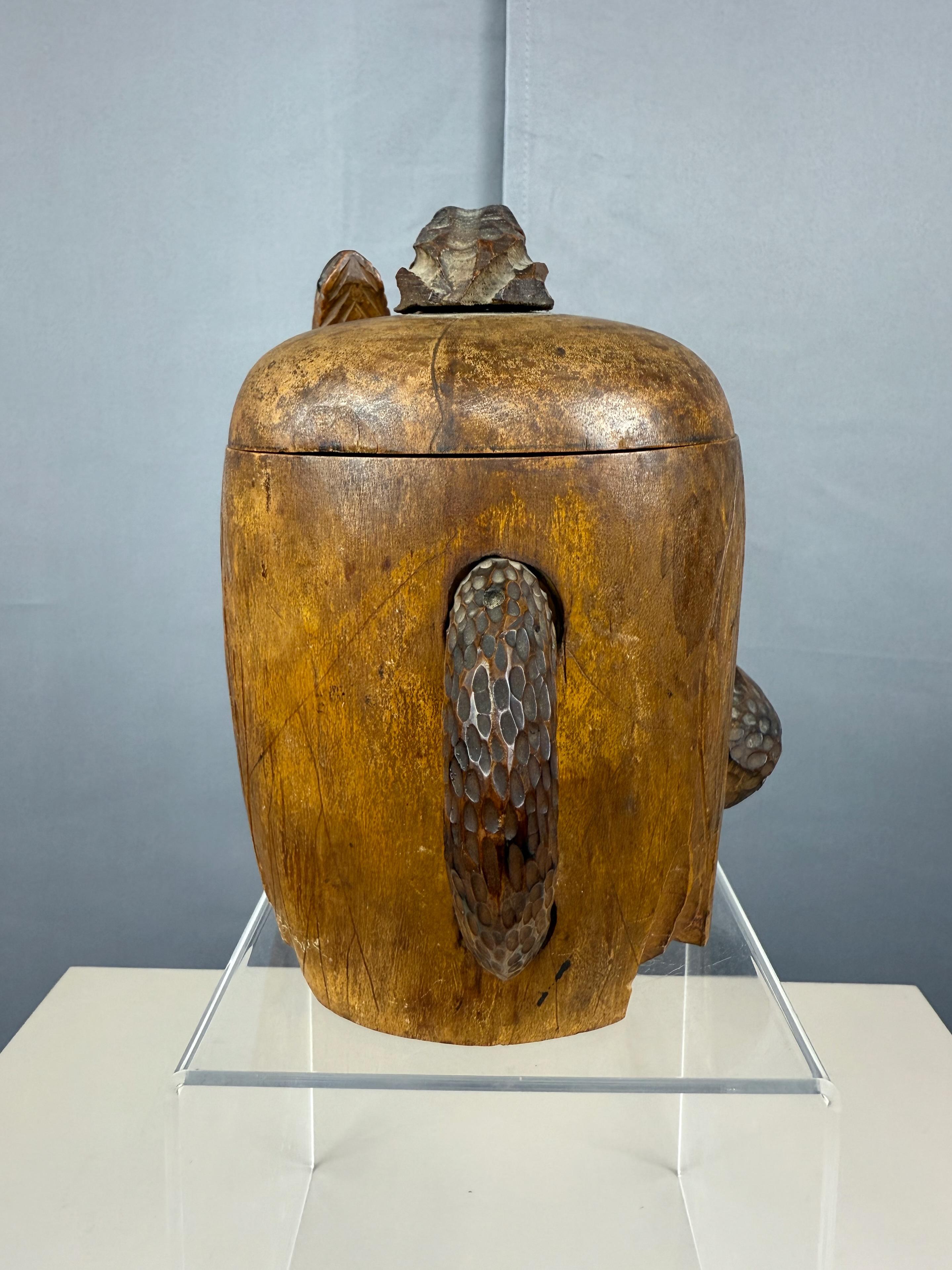Glass Japanese Meiji Period Carved Wood Skull and Snake Tobacco Humidor, Late 19th C. For Sale