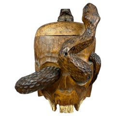 Japanese Meiji Period Carved Wood Skull and Snake Tobacco Humidor, Late 19th C.