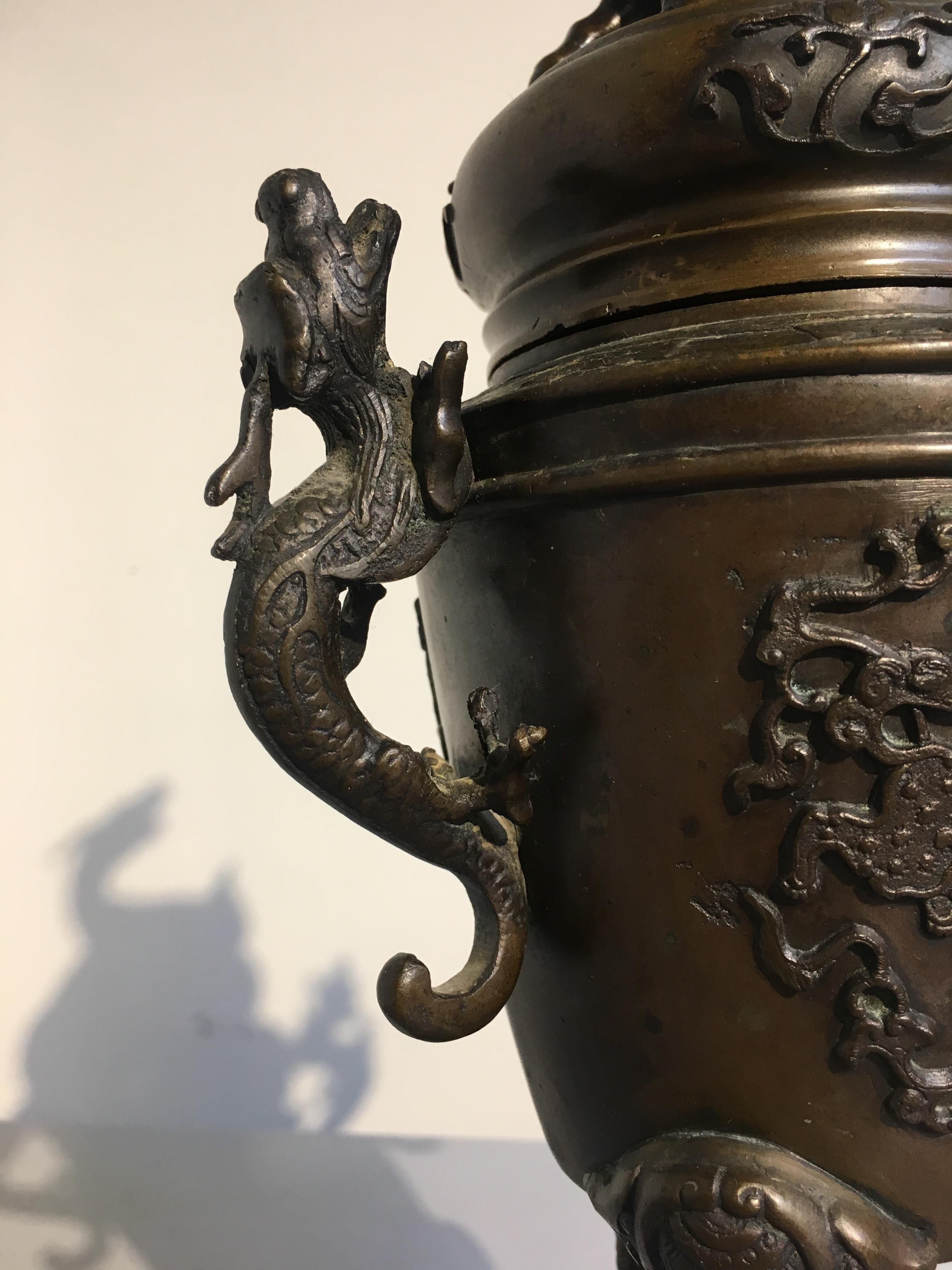 Japanese Meiji Period Cast Bronze Incense Burner with Kirin and Dragons, Koro In Good Condition In Austin, TX