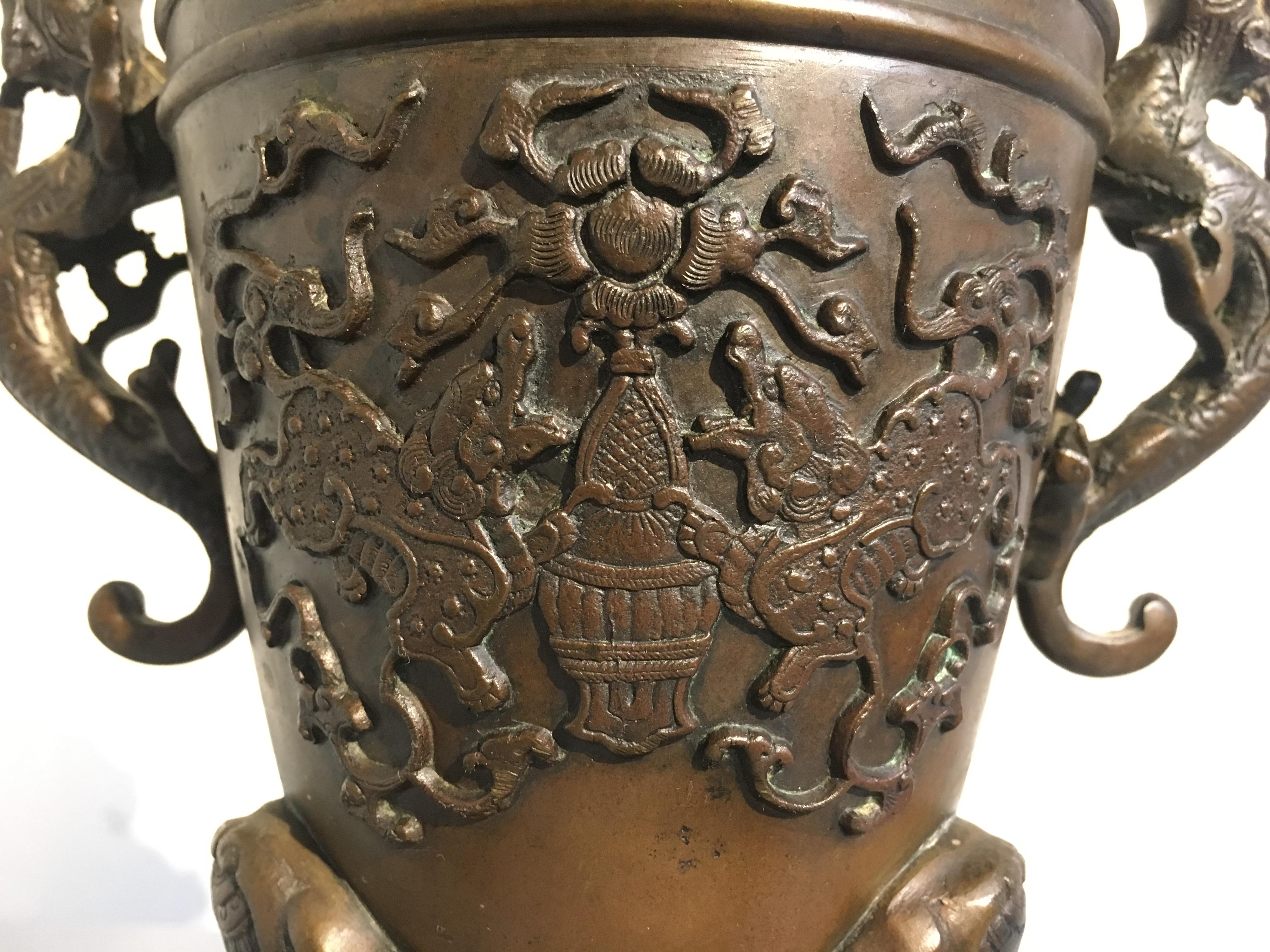 Early 20th Century Japanese Meiji Period Cast Bronze Incense Burner with Kirin and Dragons, Koro