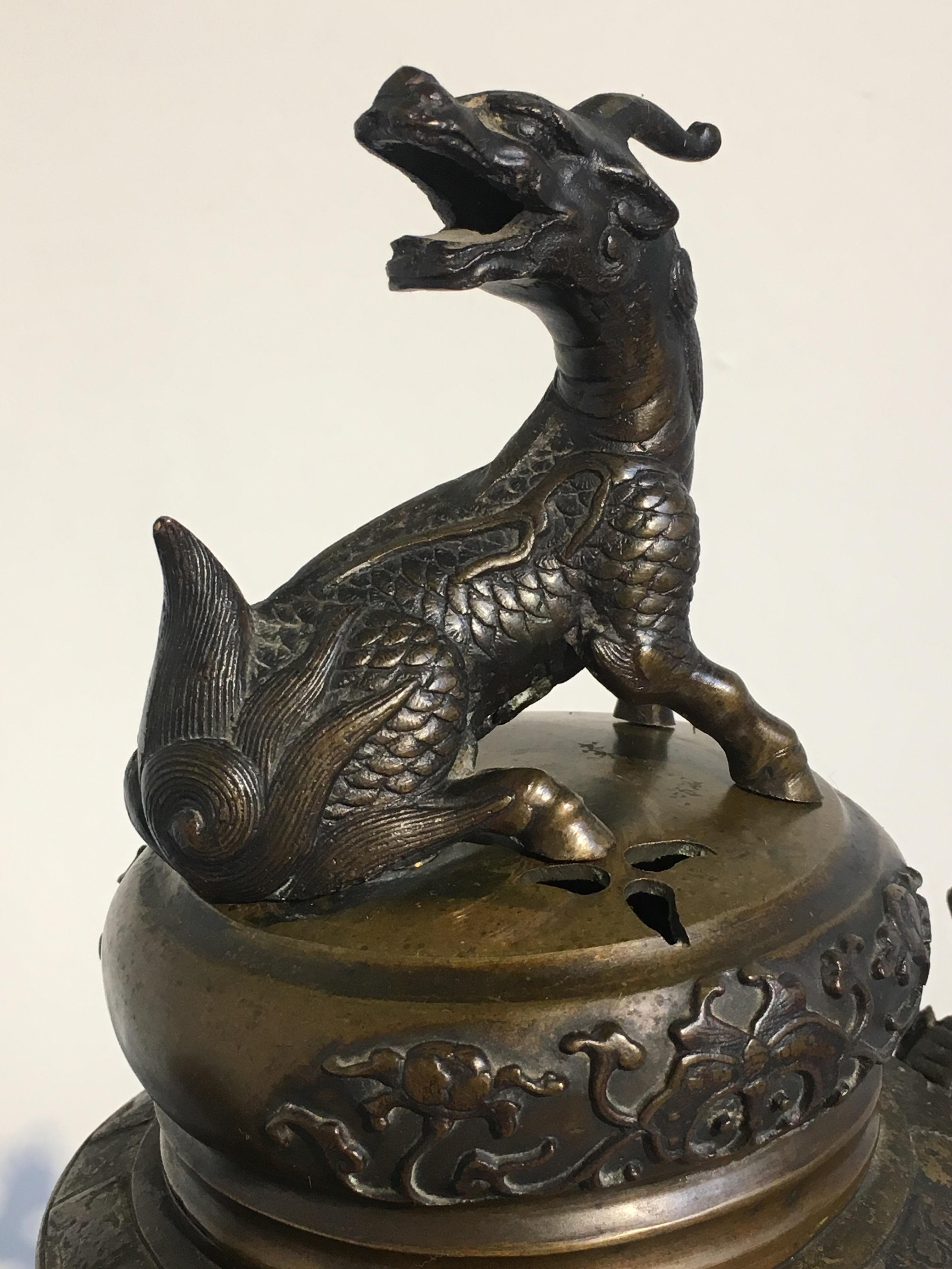Japanese Meiji Period Cast Bronze Incense Burner with Kirin and Dragons, Koro 2