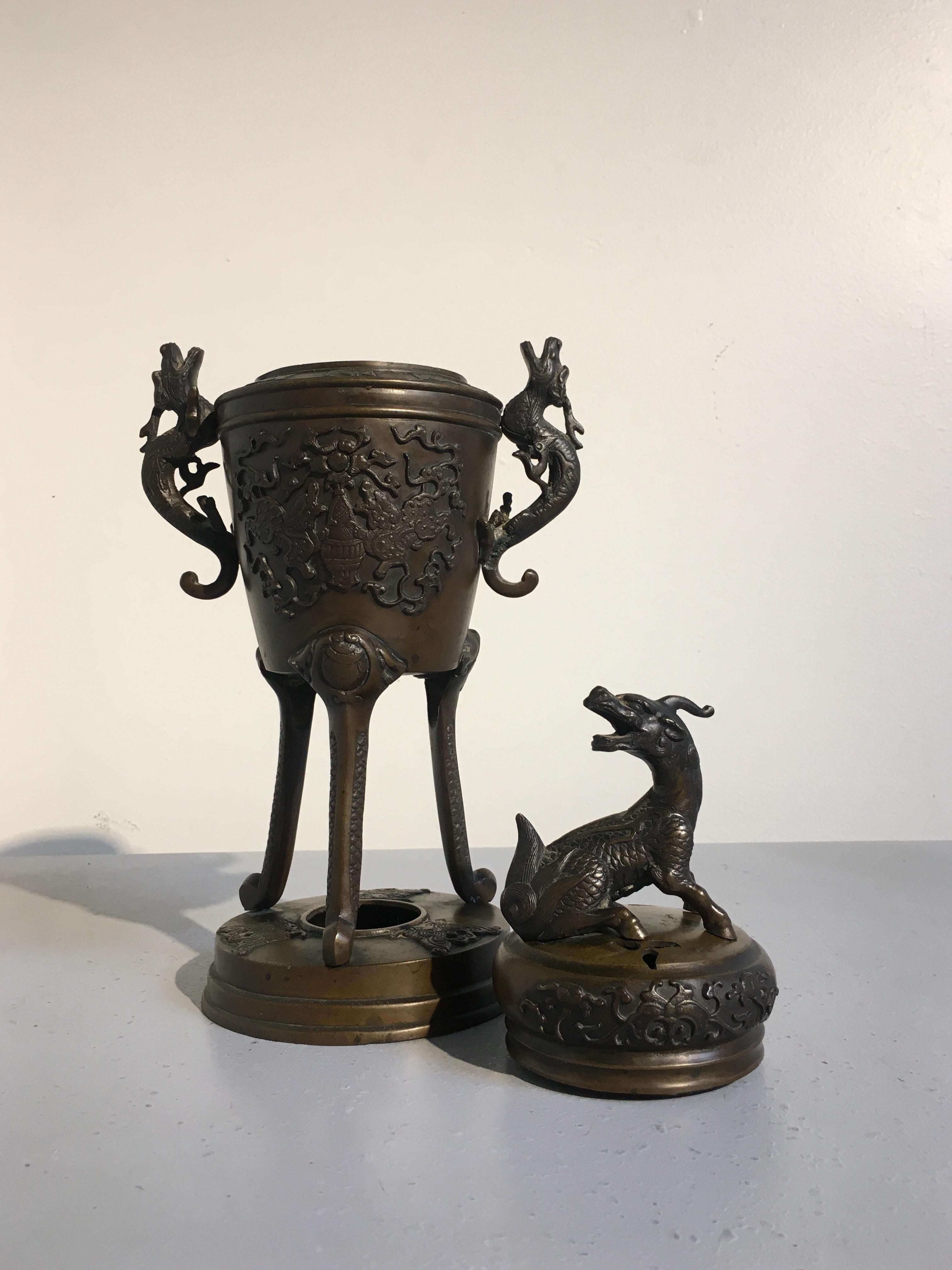 Japanese Meiji Period Cast Bronze Incense Burner with Kirin and Dragons, Koro 3
