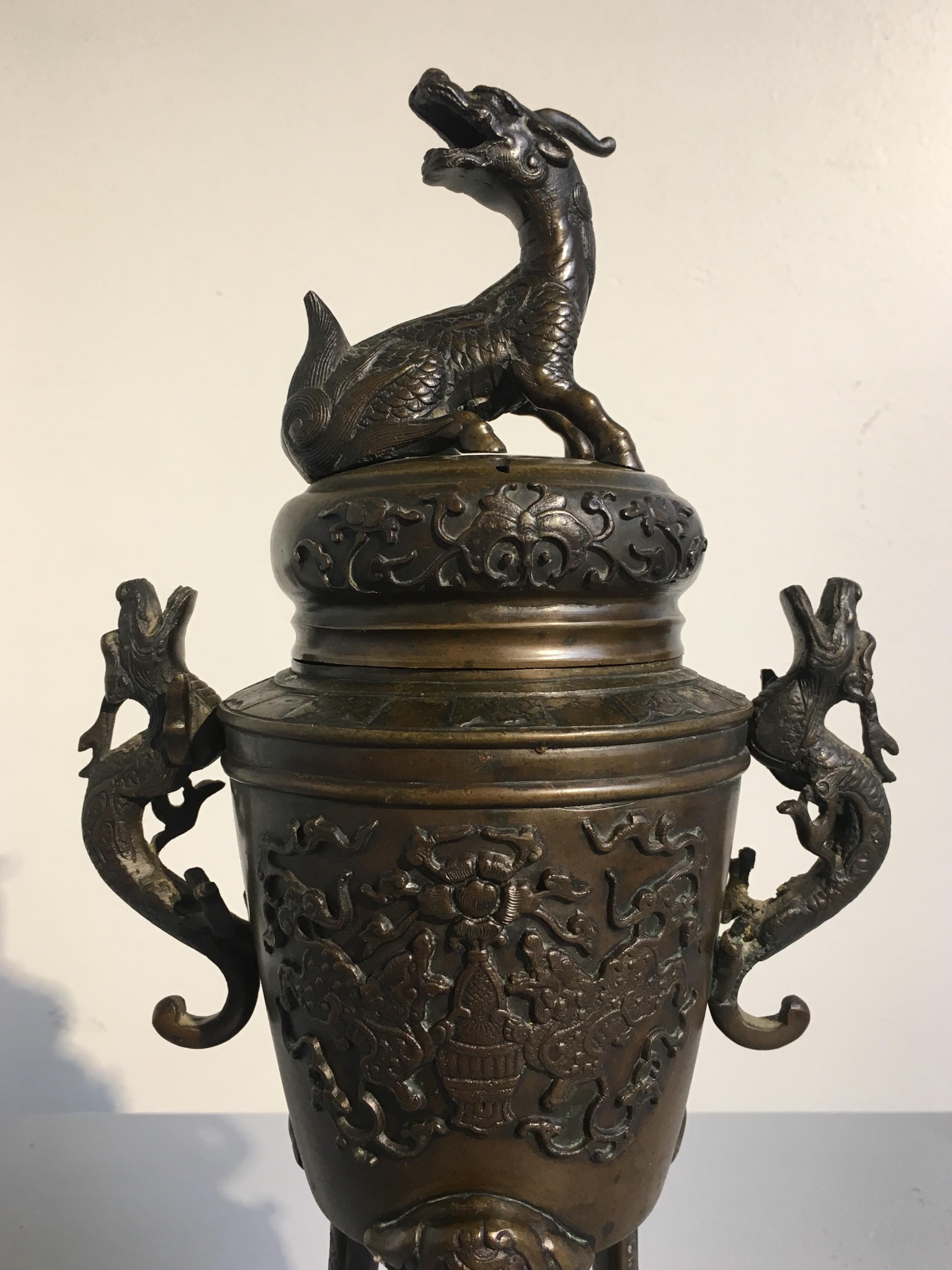 Japanese Meiji Period Cast Bronze Incense Burner with Kirin and Dragons, Koro 4