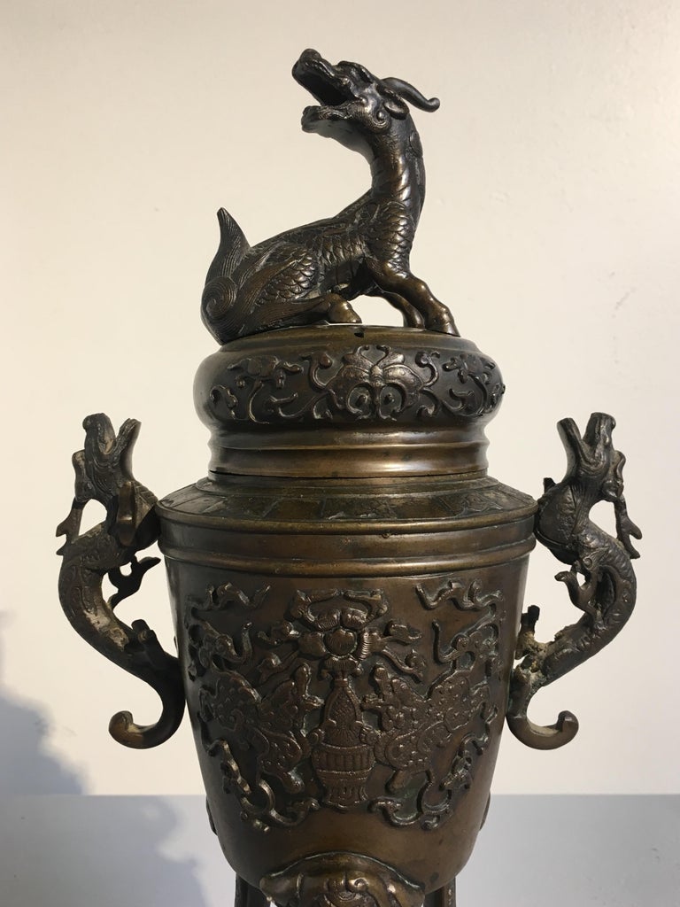 Japanese Meiji Period Cast Bronze Incense Burner with Kirin and Dragons