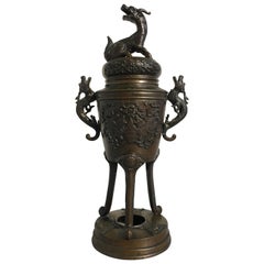 Japanese Meiji Period Cast Bronze Incense Burner with Kirin and Dragons, Koro