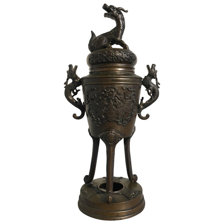 Japanese Meiji Period Cast Bronze Incense Burner with Kirin and Dragons