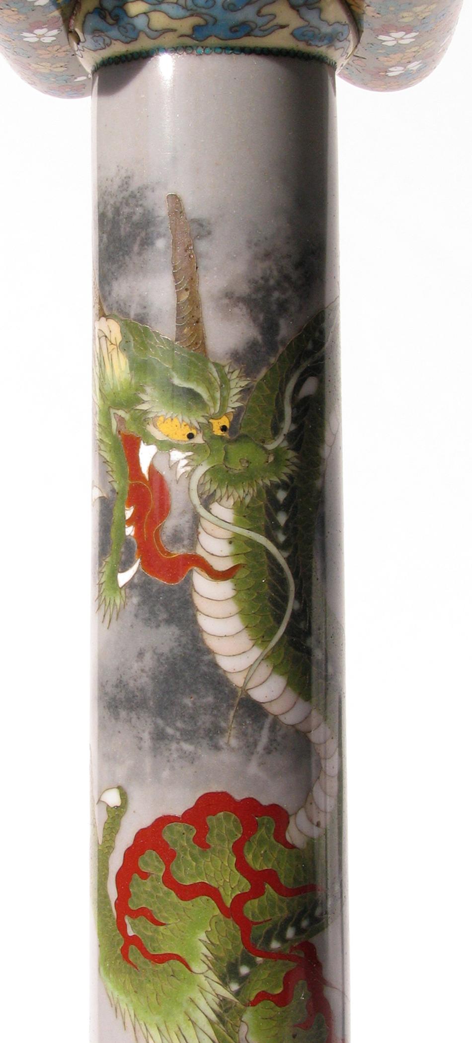 Enameled Japanese Meiji Period Cloisonne Dragon Candlestick Holder For Sale