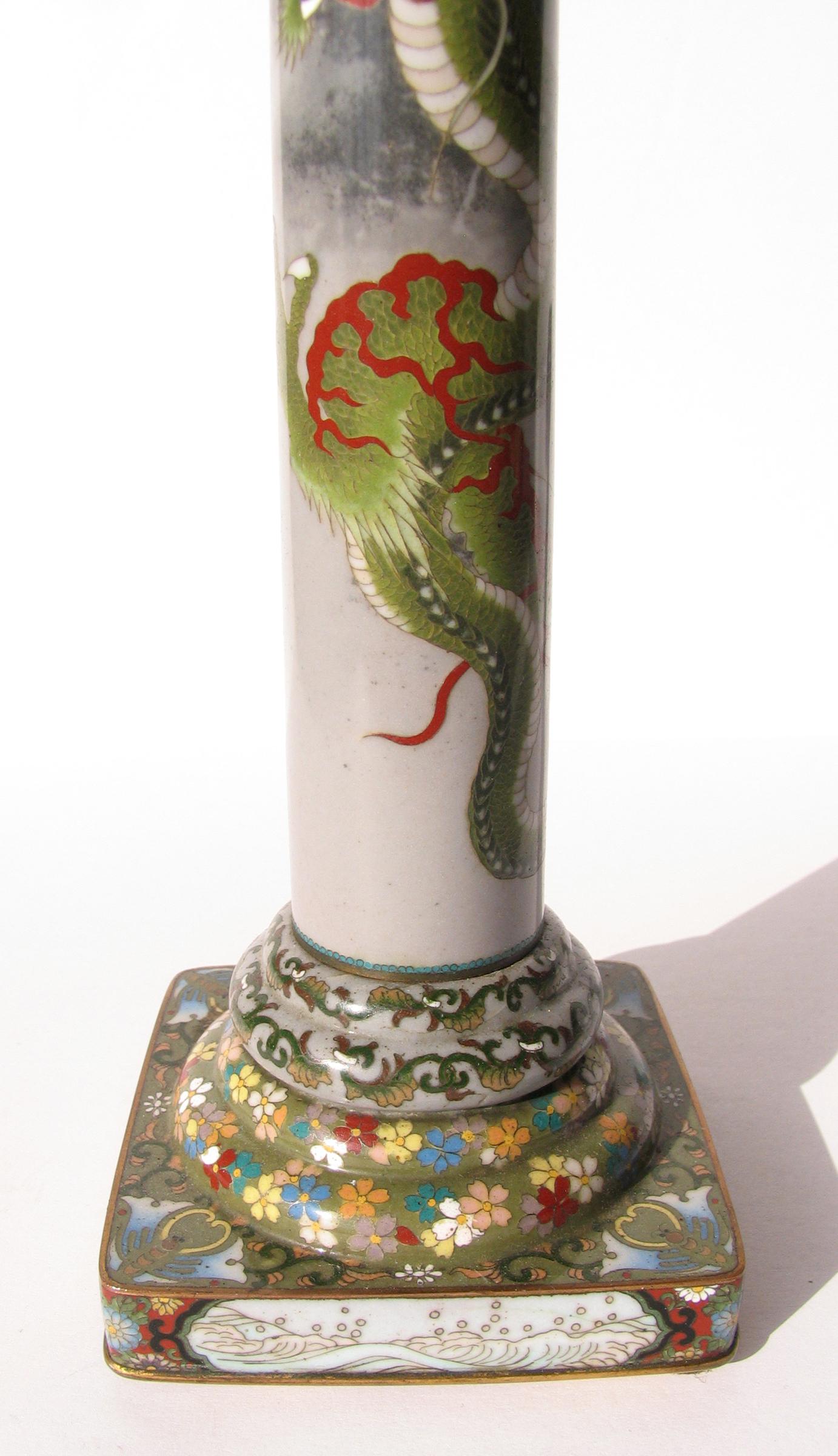 Japanese Meiji Period Cloisonne Dragon Candlestick Holder In Excellent Condition For Sale In New York, NY