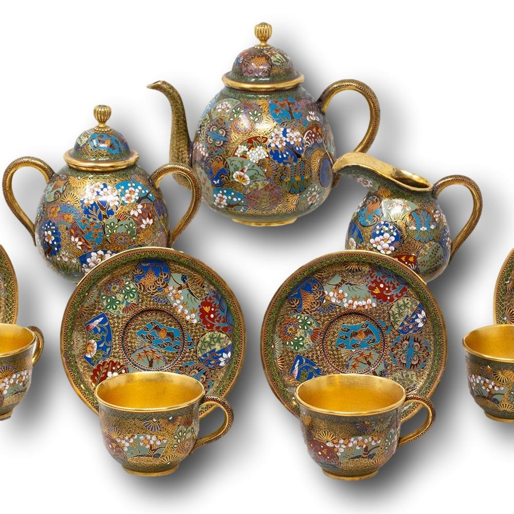 Japanese Meiji Period Cloisonne Enamel Tea Set In Good Condition For Sale In Newark, England