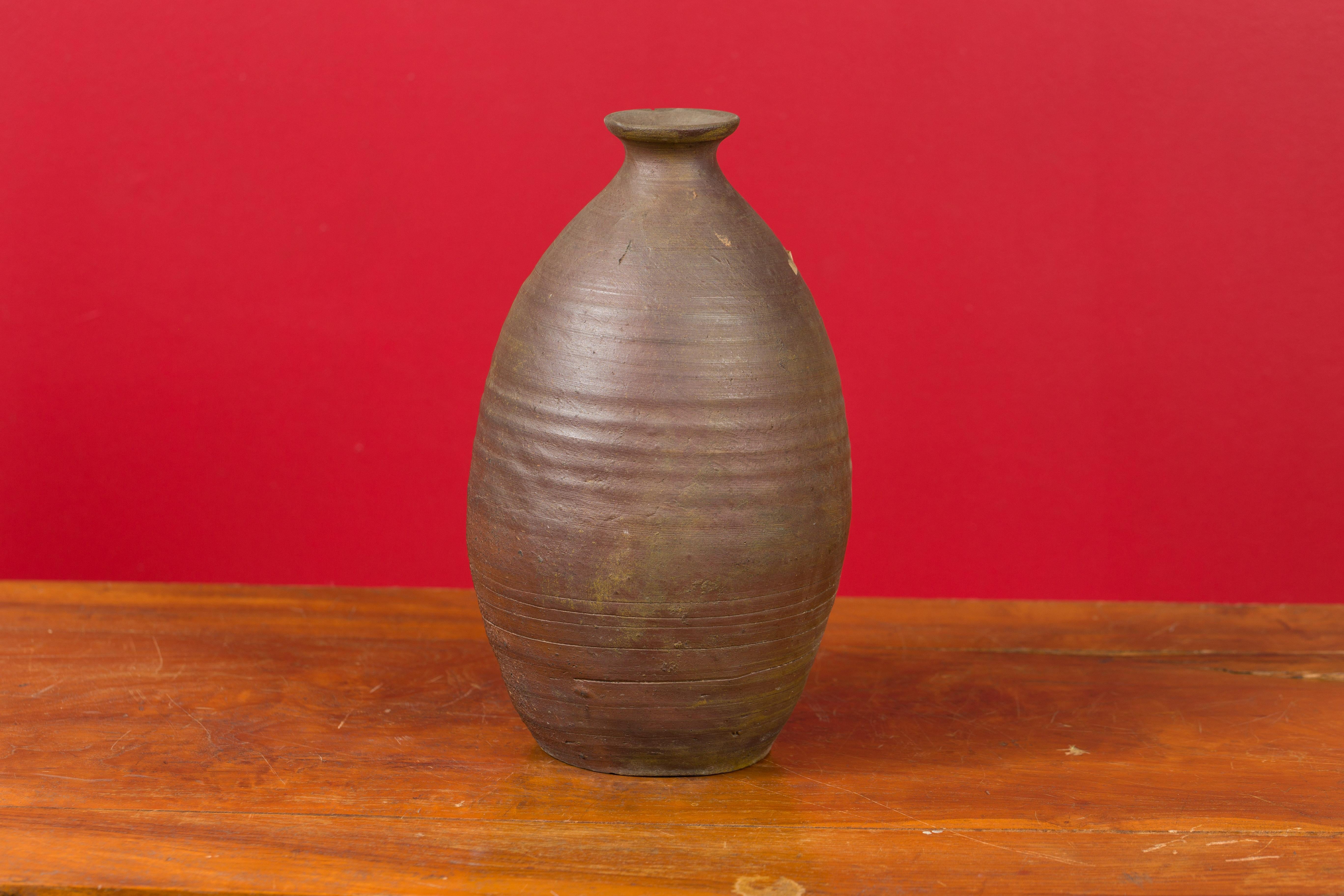 Ceramic Japanese Meiji Period Early 20th Century Sake Bottle with Brown Patina For Sale