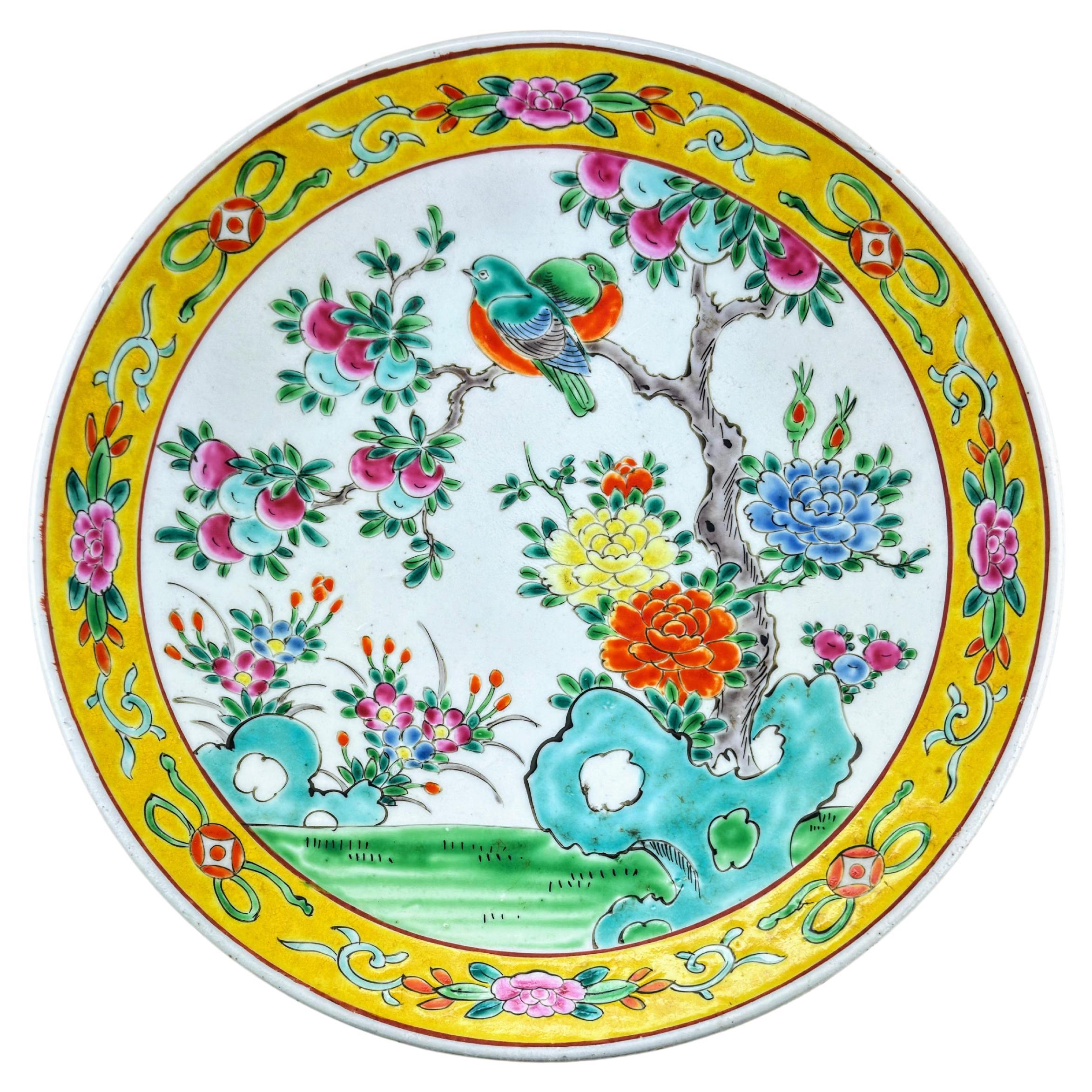 Japanese Meiji Period Famille Jaune Porcelain Charger- Yamatoku For Sale