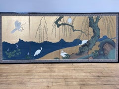 Japanese Meiji Period Four-Panel Screen w Flying Cranes and Landscape, Ca. 1900