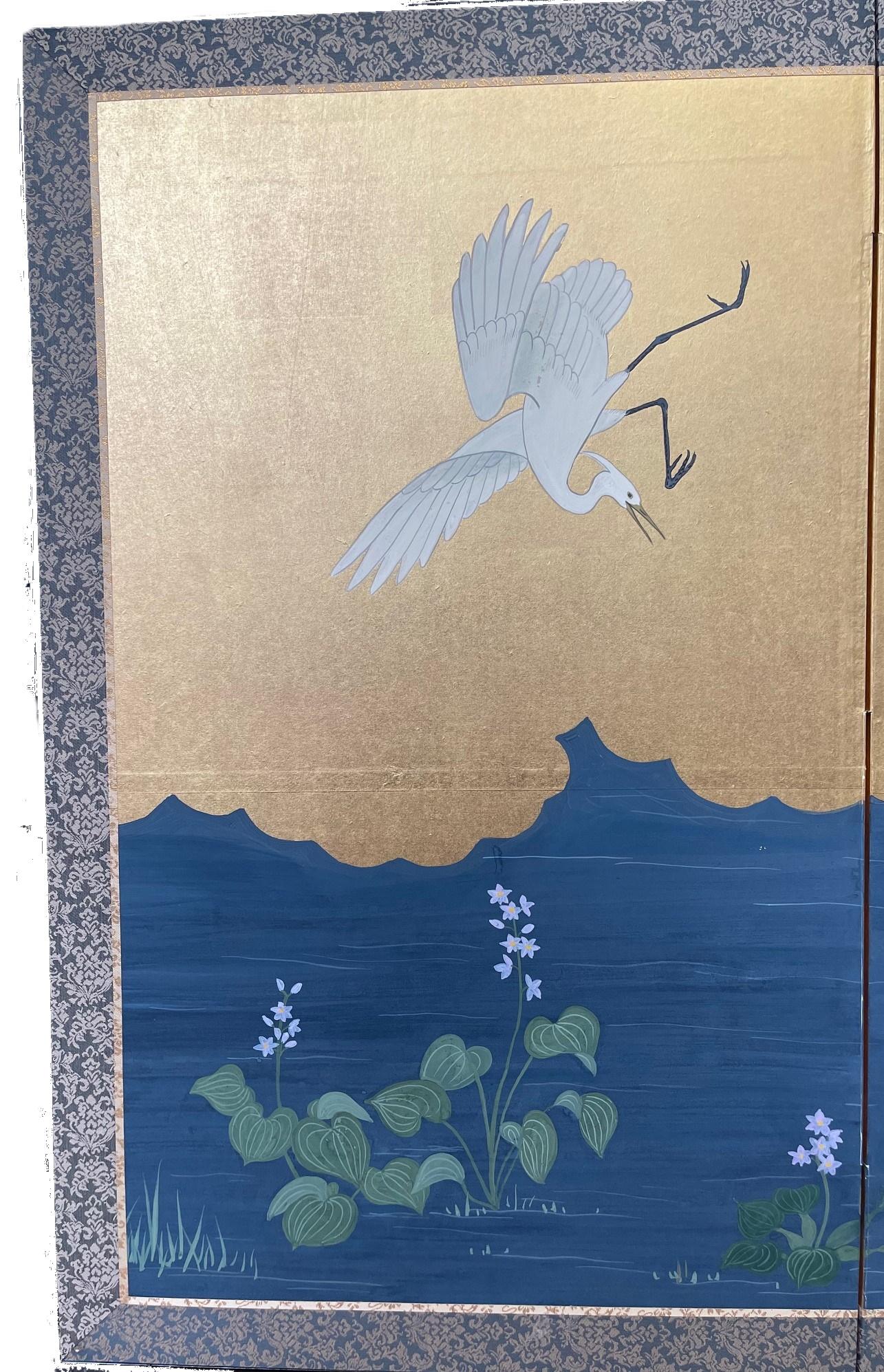 Japonisme Japanese Meiji Period Four-Panel Screen w Flying Cranes and Landscape, Ca. 1900 For Sale