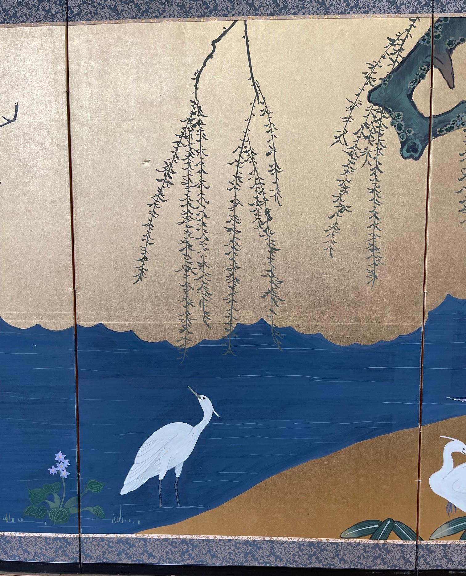 Japanese Meiji Period Four-Panel Screen w Flying Cranes and Landscape, Ca. 1900 In Good Condition For Sale In New York, NY