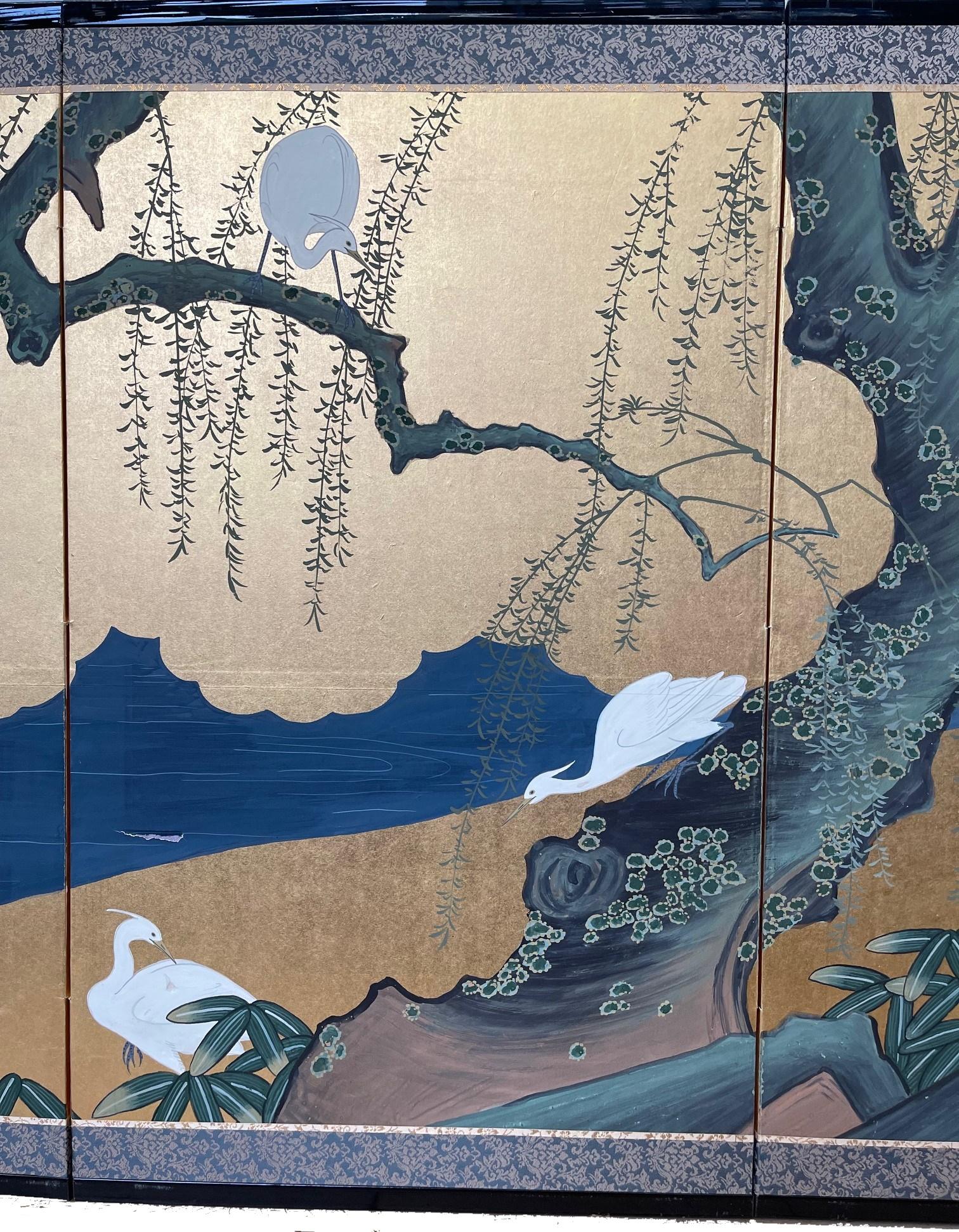 Early 20th Century Japanese Meiji Period Four-Panel Screen w Flying Cranes and Landscape, Ca. 1900 For Sale