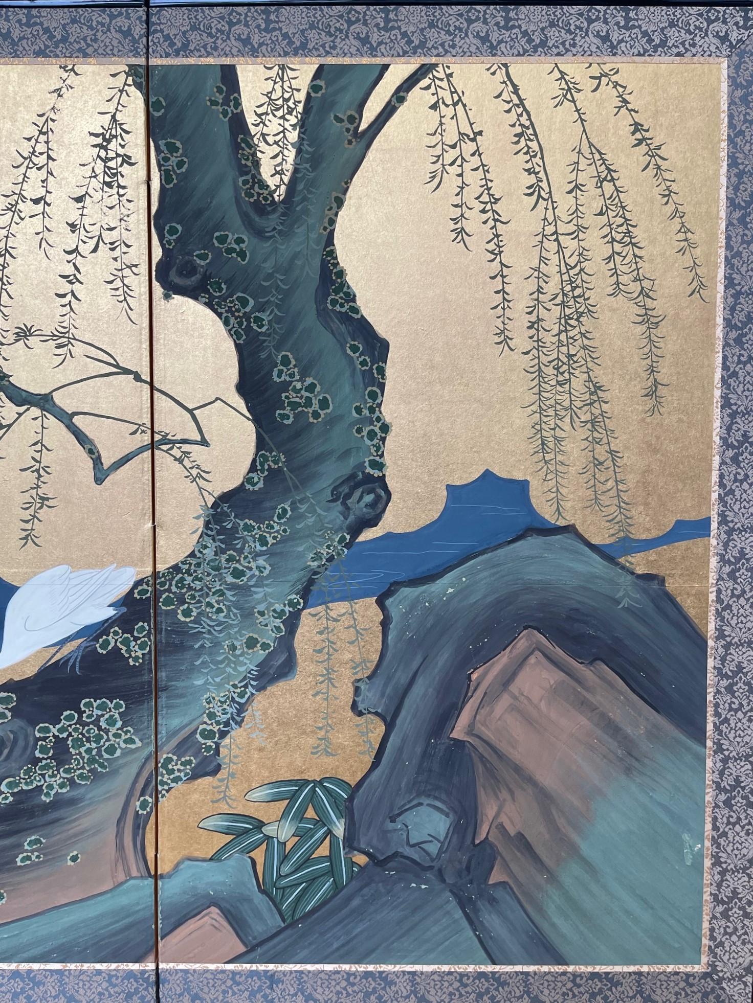 Wood Japanese Meiji Period Four-Panel Screen w Flying Cranes and Landscape, Ca. 1900 For Sale