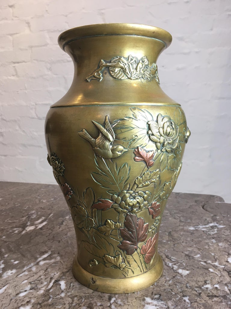 Japanese Meiji Period Mixed Metal Vase of Birds and Flowers Ikebana, c