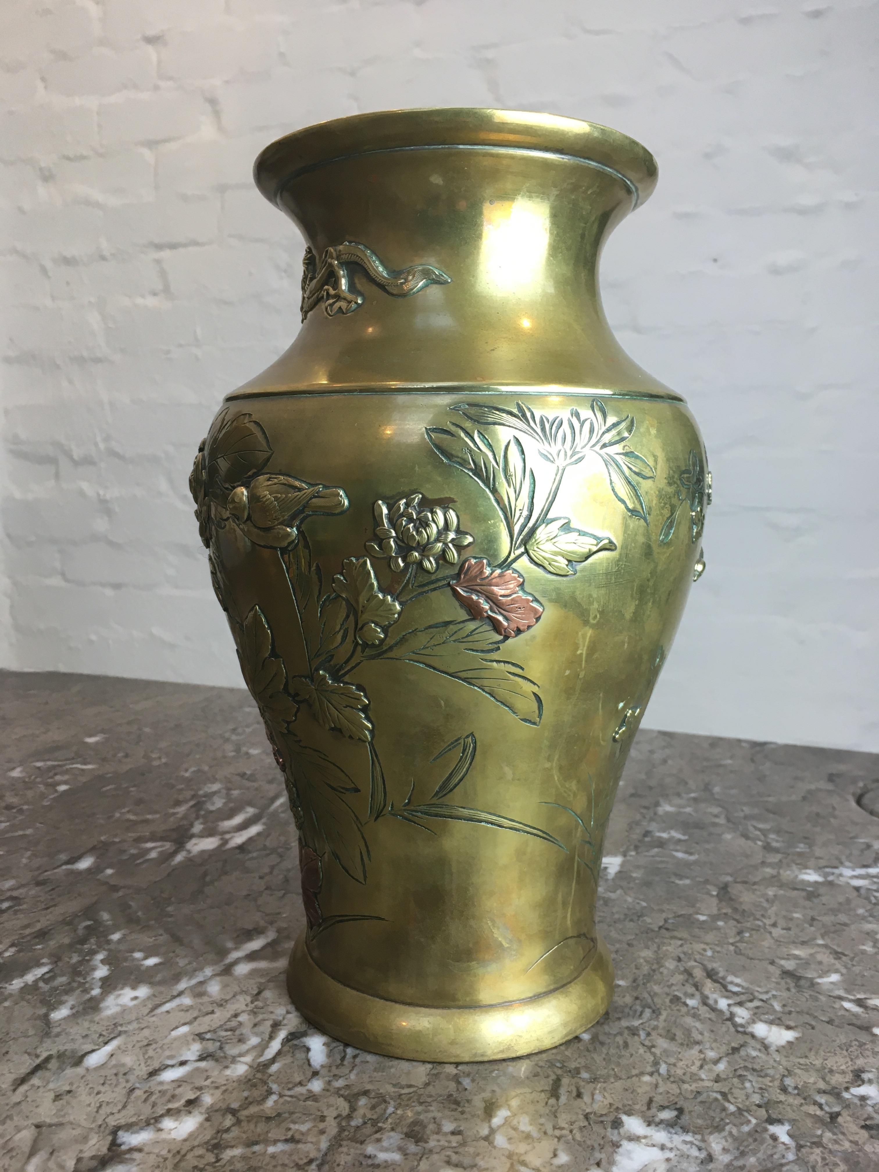 Appliqué Japanese Meiji Period Mixed Metal Vase of Birds and Flowers Ikebana, c. 1880