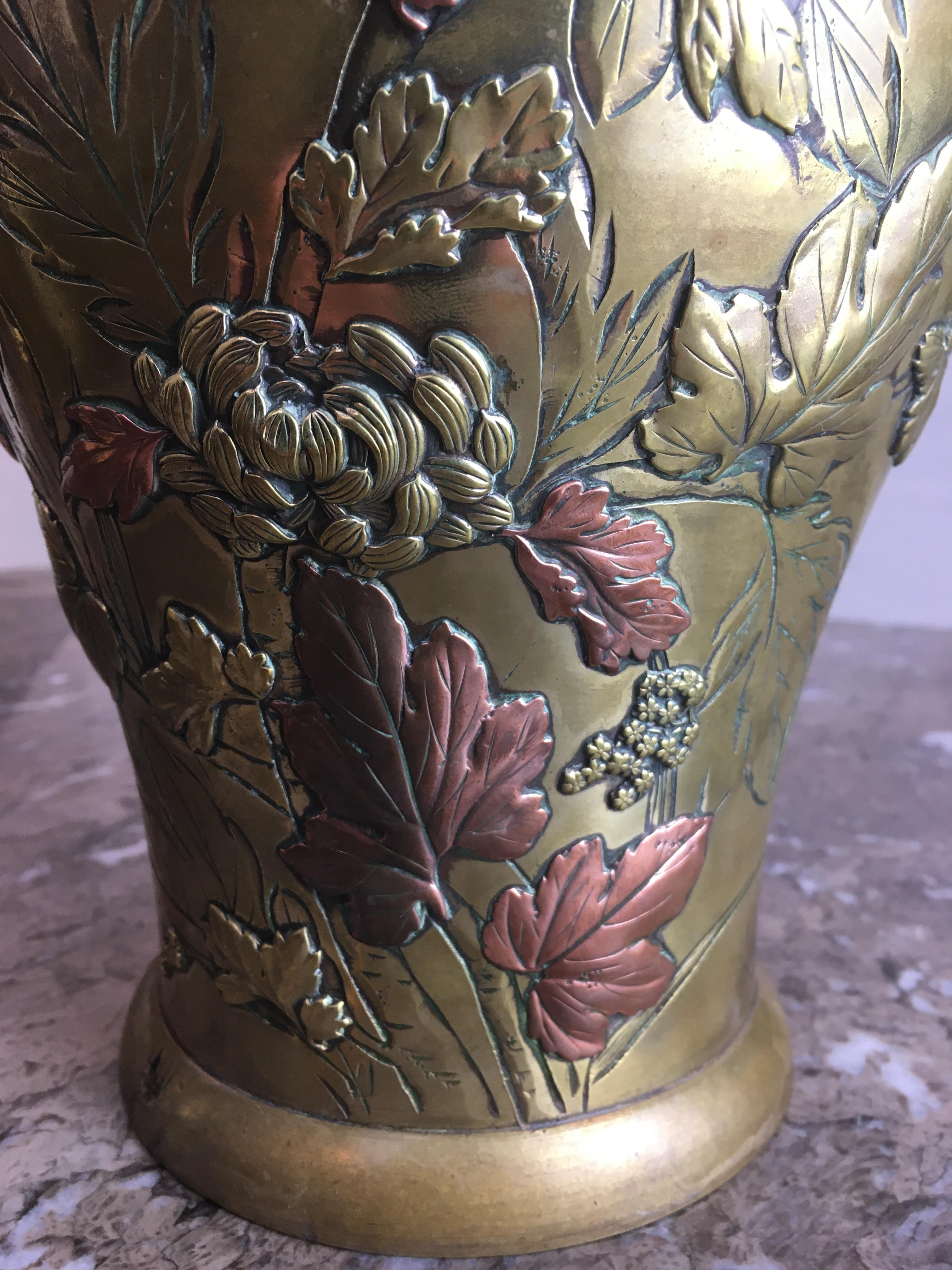 Bronze Japanese Meiji Period Mixed Metal Vase of Birds and Flowers Ikebana, c. 1880