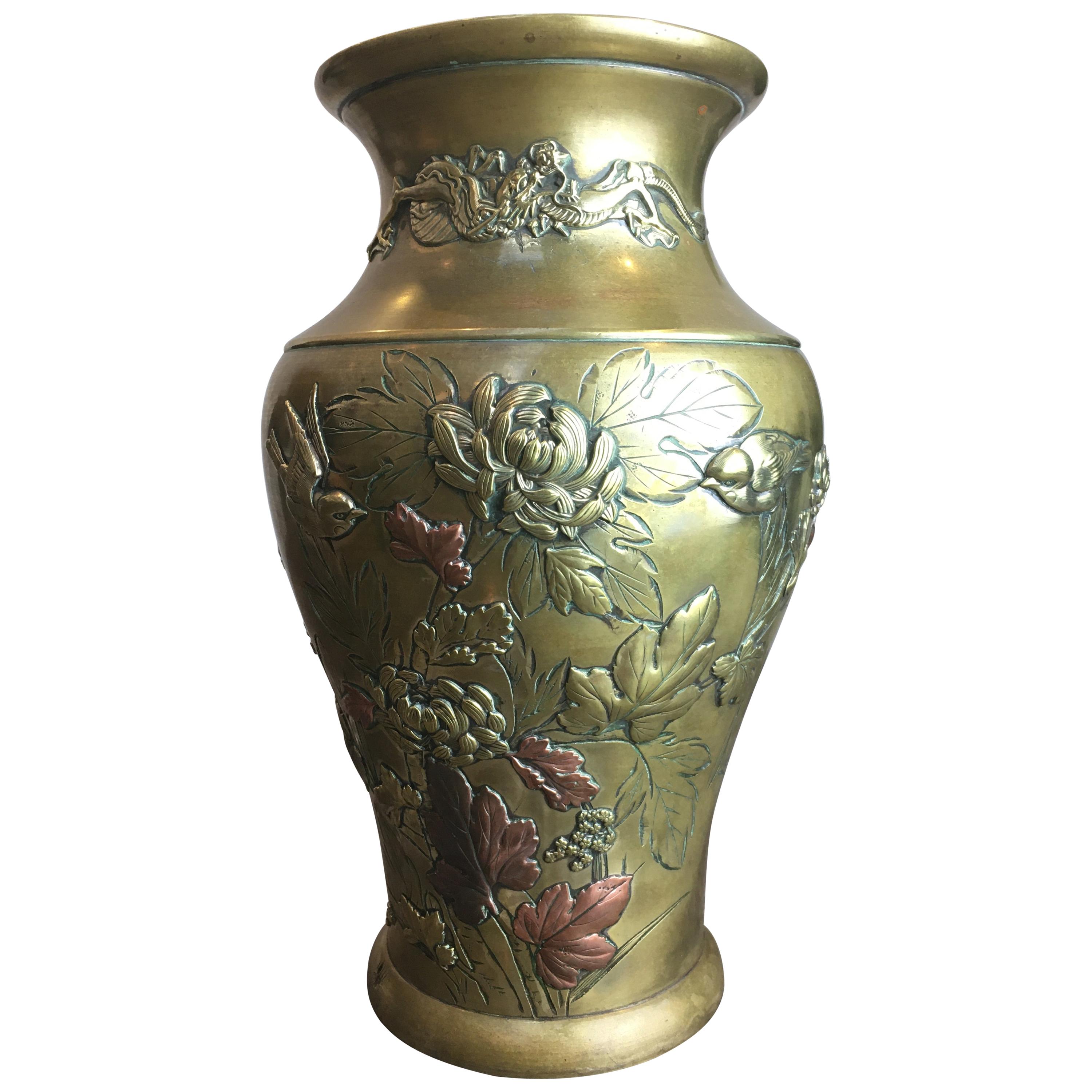 Japanese Meiji Period Mixed Metal Vase of Birds and Flowers Ikebana, c. 1880