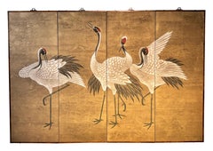Japanische Meiji-Periode Hand gemalte Bildschirm-Panels von Kränen
