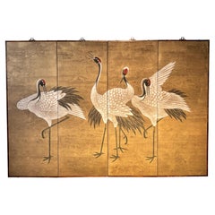 Japanese Meiji Period Hand Painted Screen Panels of Cranes