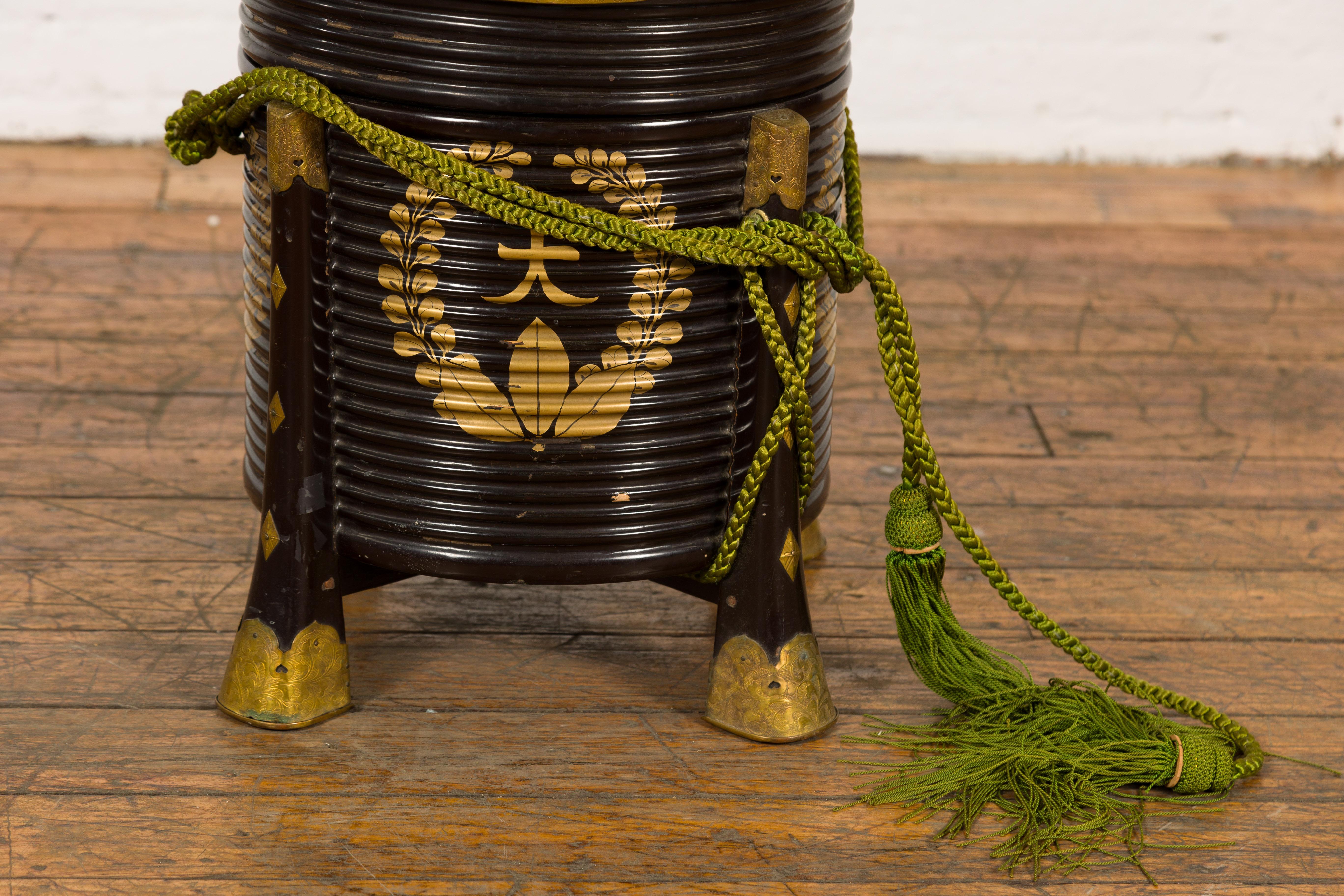 19th Century Japanese Meiji Period Hokai Lidded Box with Brass Accents and Original Rope For Sale