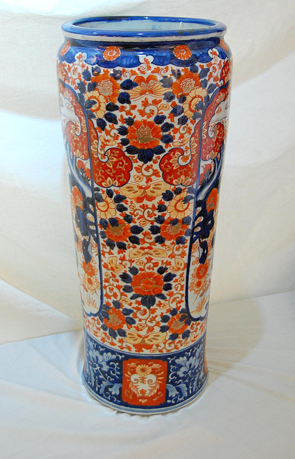 Hand-Painted Japanese Meiji Period Imari Umbrella Stand or Stick Stand in Classic Colors