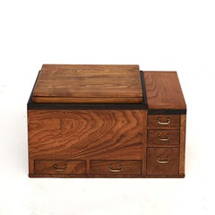 Japanese Meiji Period Keyaki Wood Hibachi with Copper Liner and Drawers
