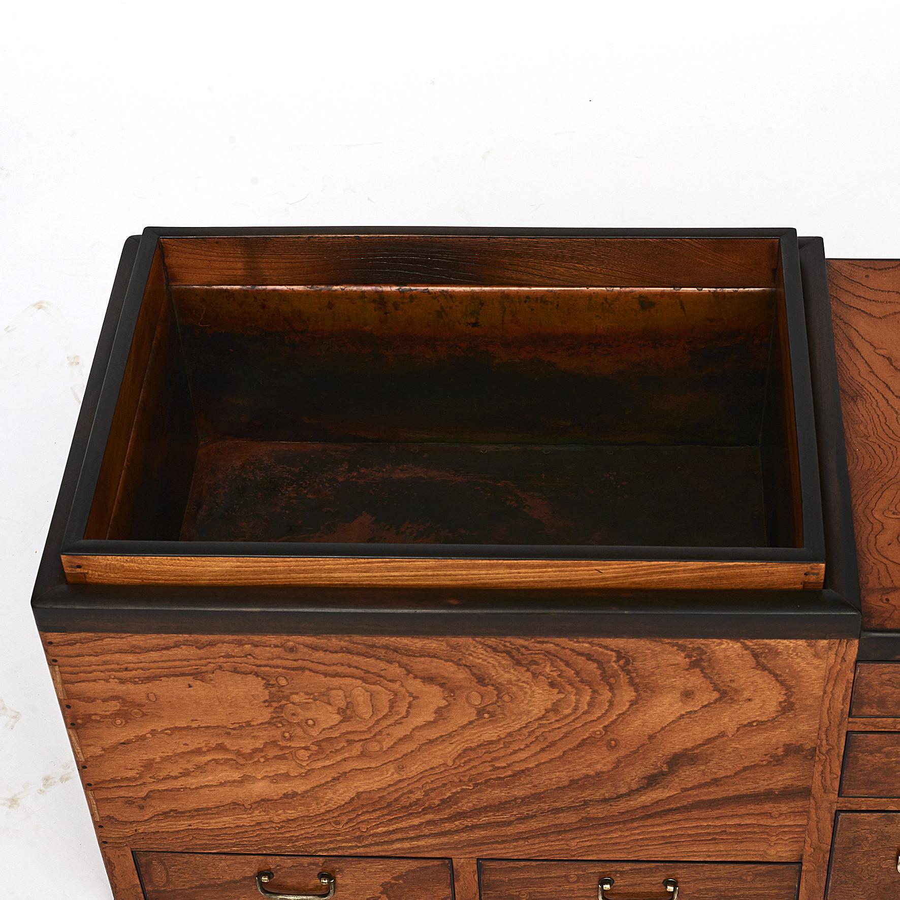 Hardwood Japanese Meiji Period Keyaki Wood Hibachi with Copper Liner and Drawers