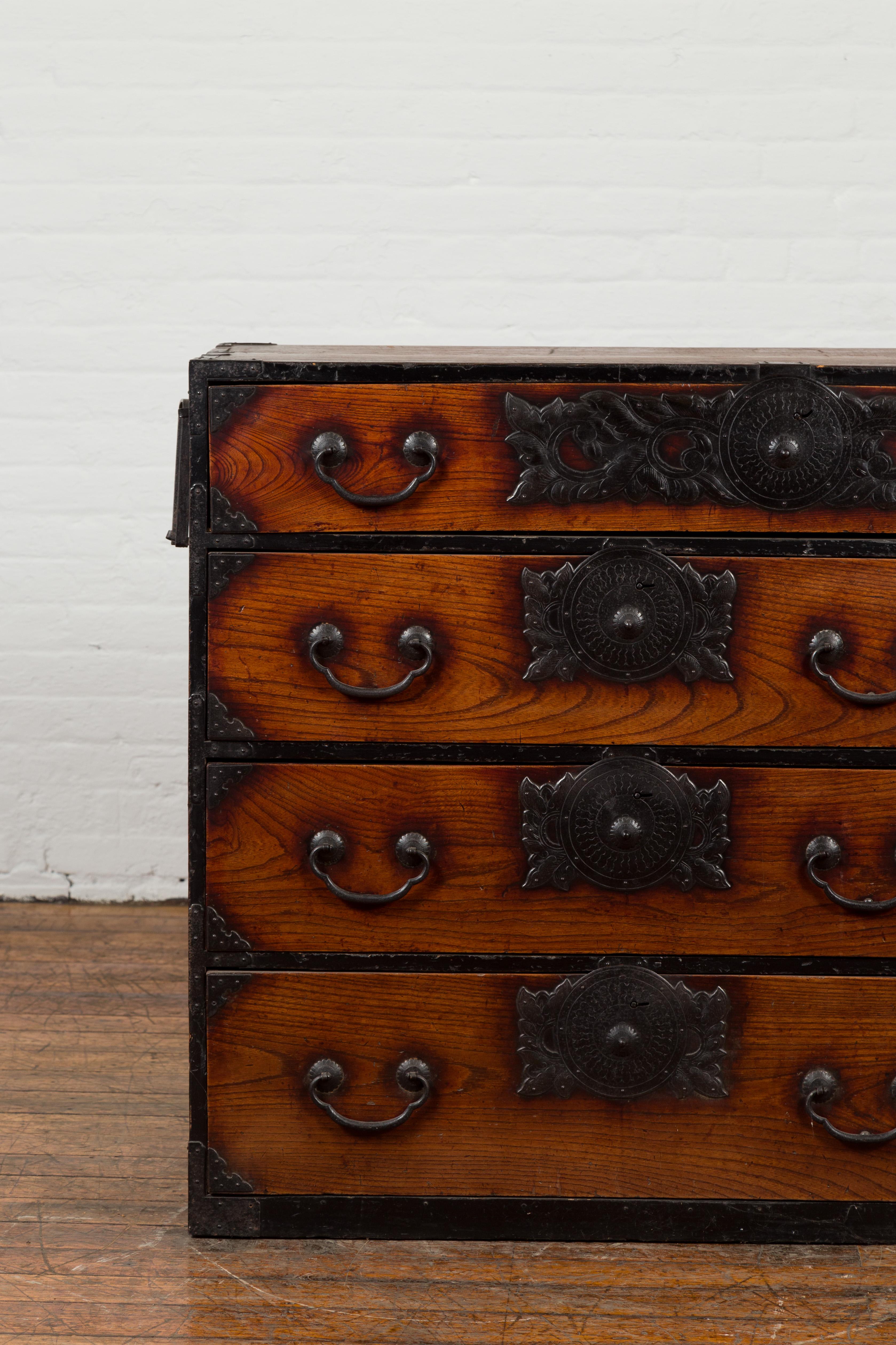 19th Century Japanese Meiji Period Keyaki Wood Tansu Clothing Chest in the Sendai Style For Sale