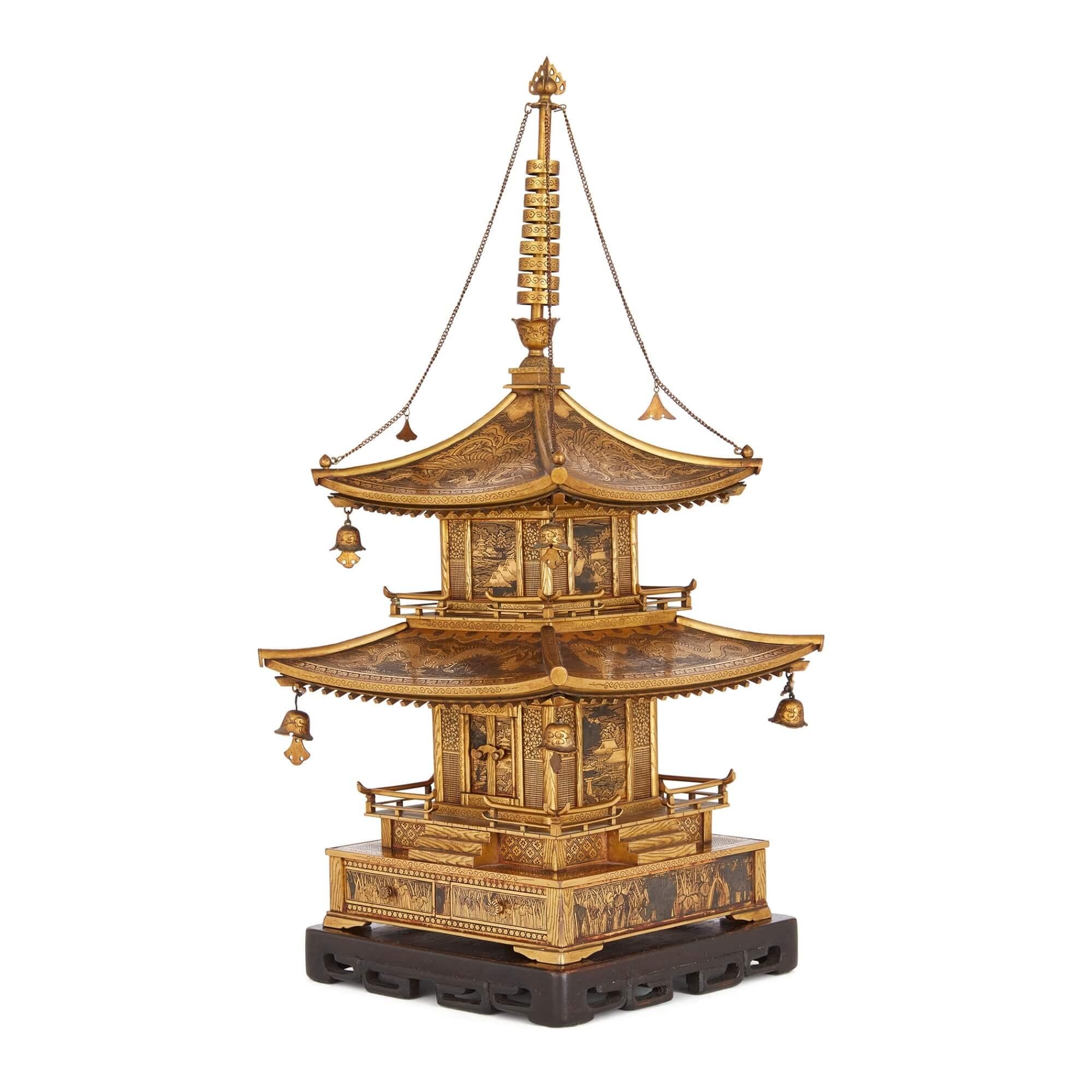 Carved Japanese Meiji Period Komai Inlaid-Iron Pagoda Model For Sale
